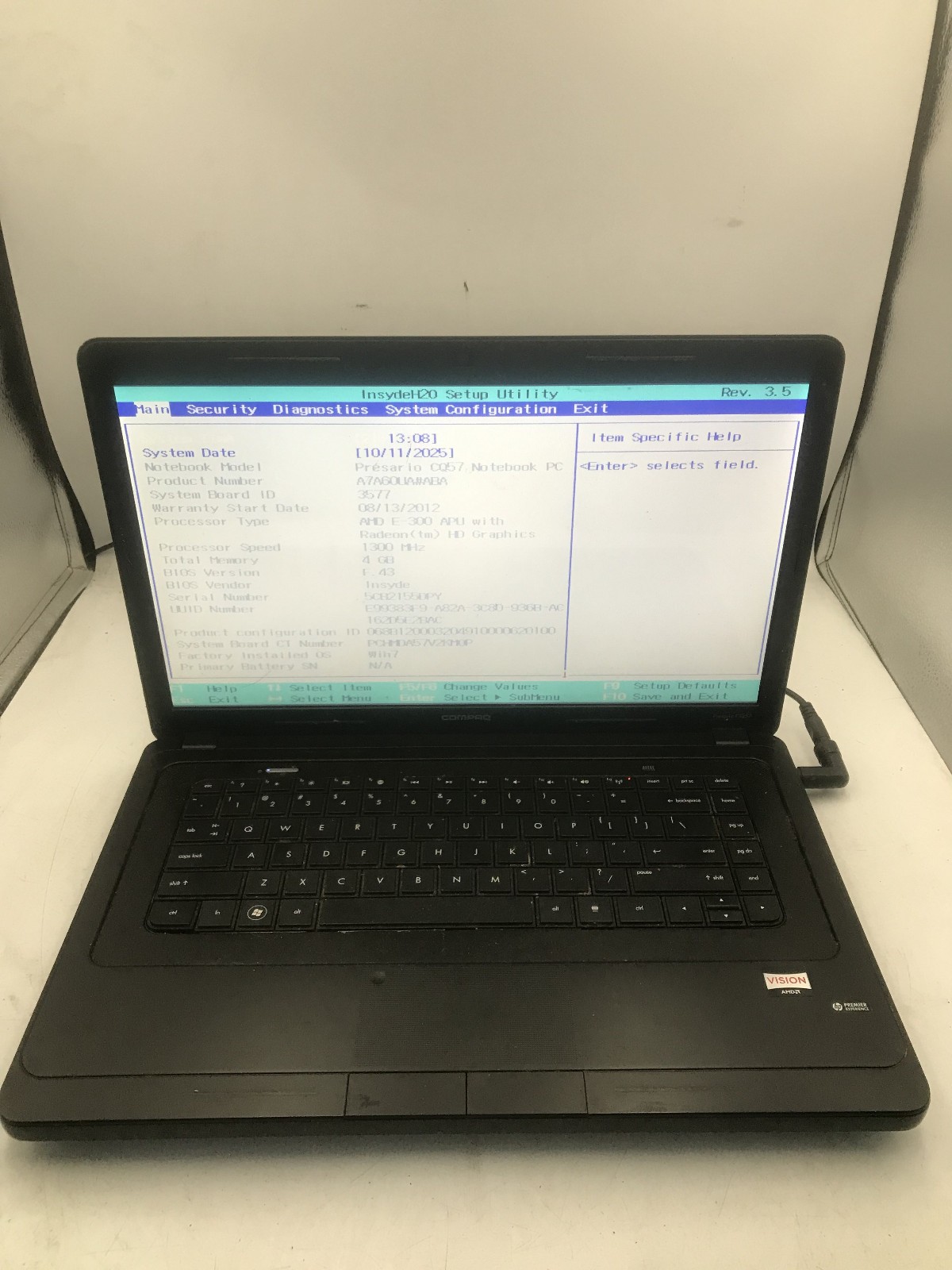 COMPAQ PRESARIO CQ57 - BOOTS TO BIOS - AMD E 300 - NO RAM - 15" - READ DESC - BB