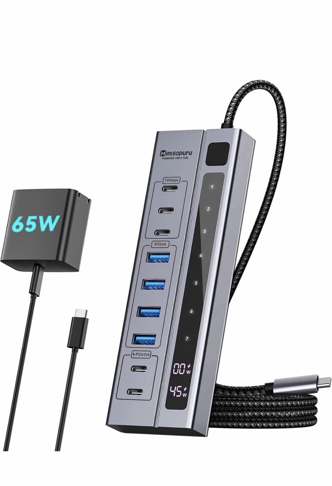 Minisopuru USB C Hub Powered 10Gbps,45 Charging,65W Adapter,9 in 1 Splitter