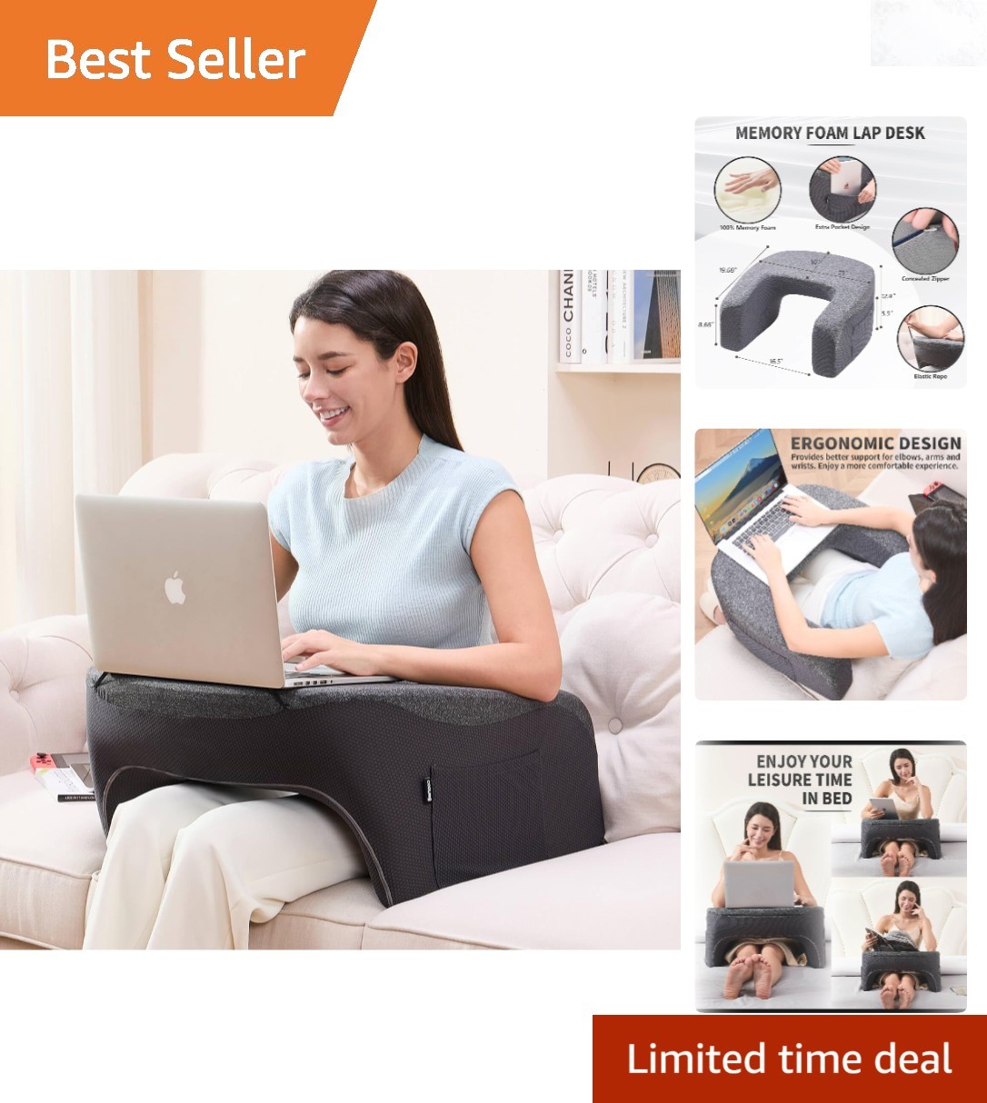 Large Memory Foam Reading Pillow with Arm Rest Lap Desk for Gaming Bed Couch