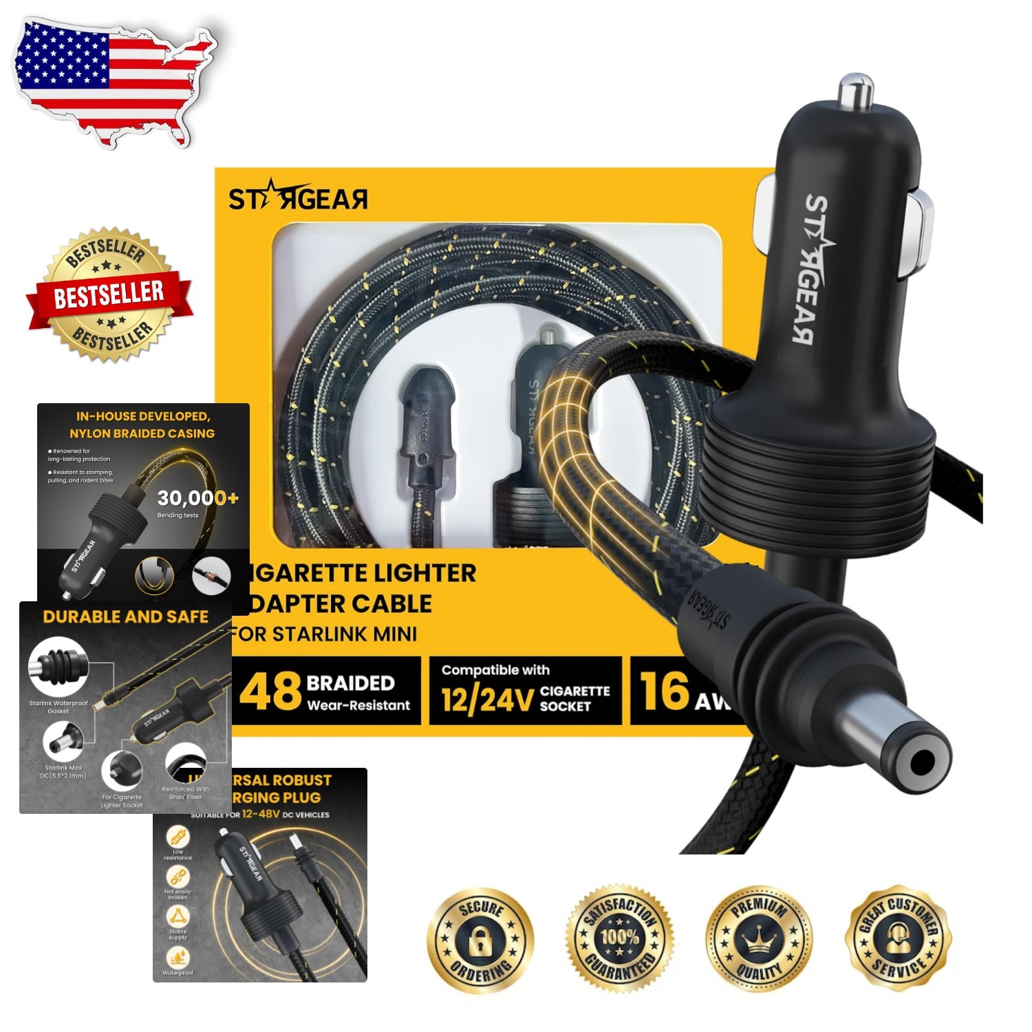 Durable Starlink Mini Adapter 16.4ft Braided 5A DC Cigarette Lighter Car Charger