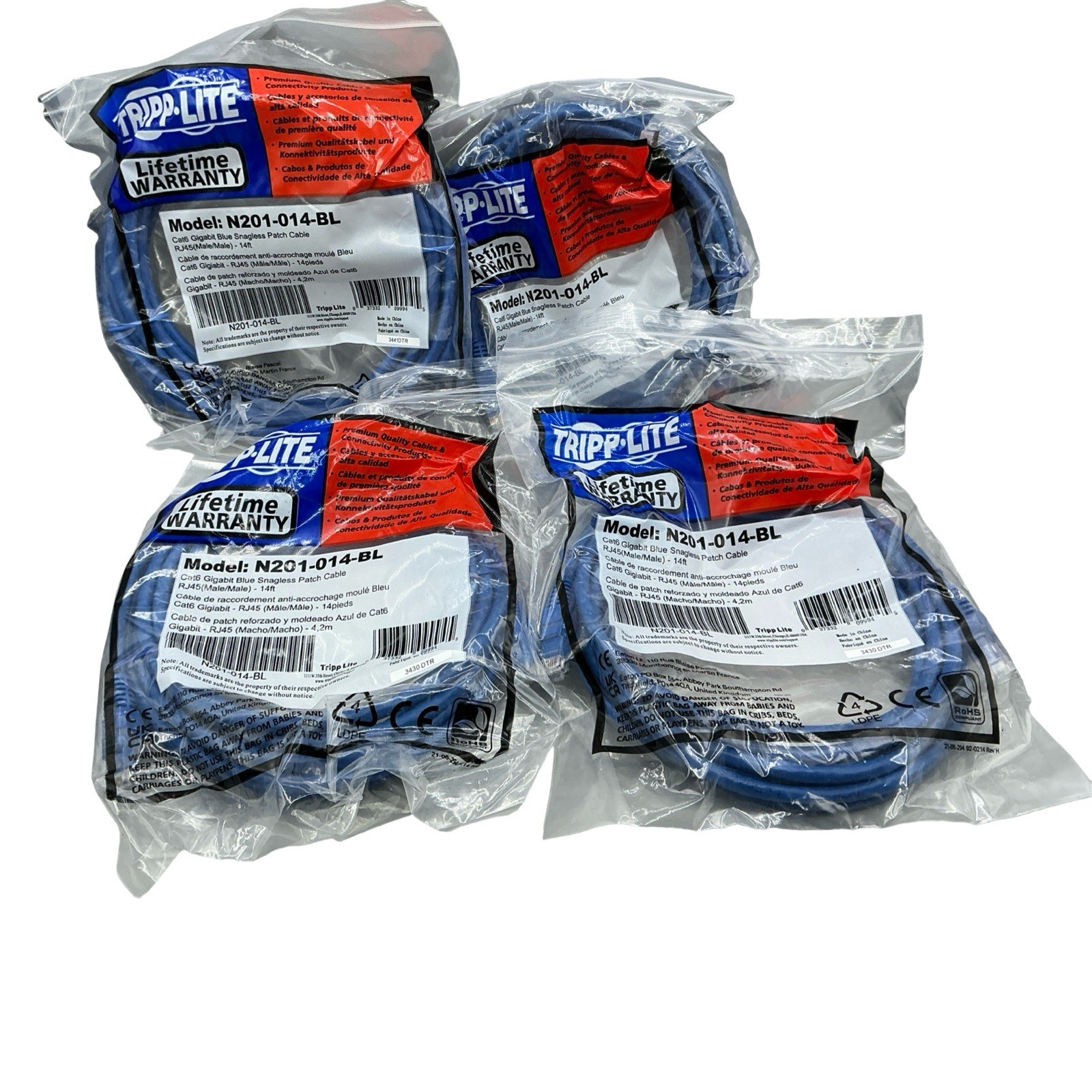 Lot of 4 Tripp Lite N201-014-BL Cat6 Gigabit Snagless Patch Cable Blue 14ft RJ45