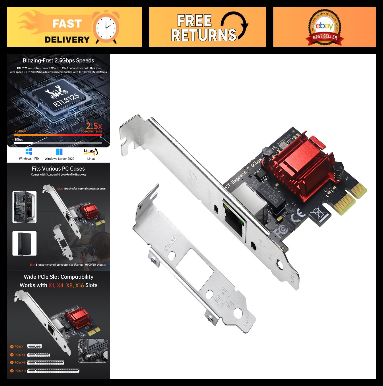 2.5GB PCIe Network Card, 2.5G Ethernet Adapter, RTL8125B Chip, RJ45 LAN Controll