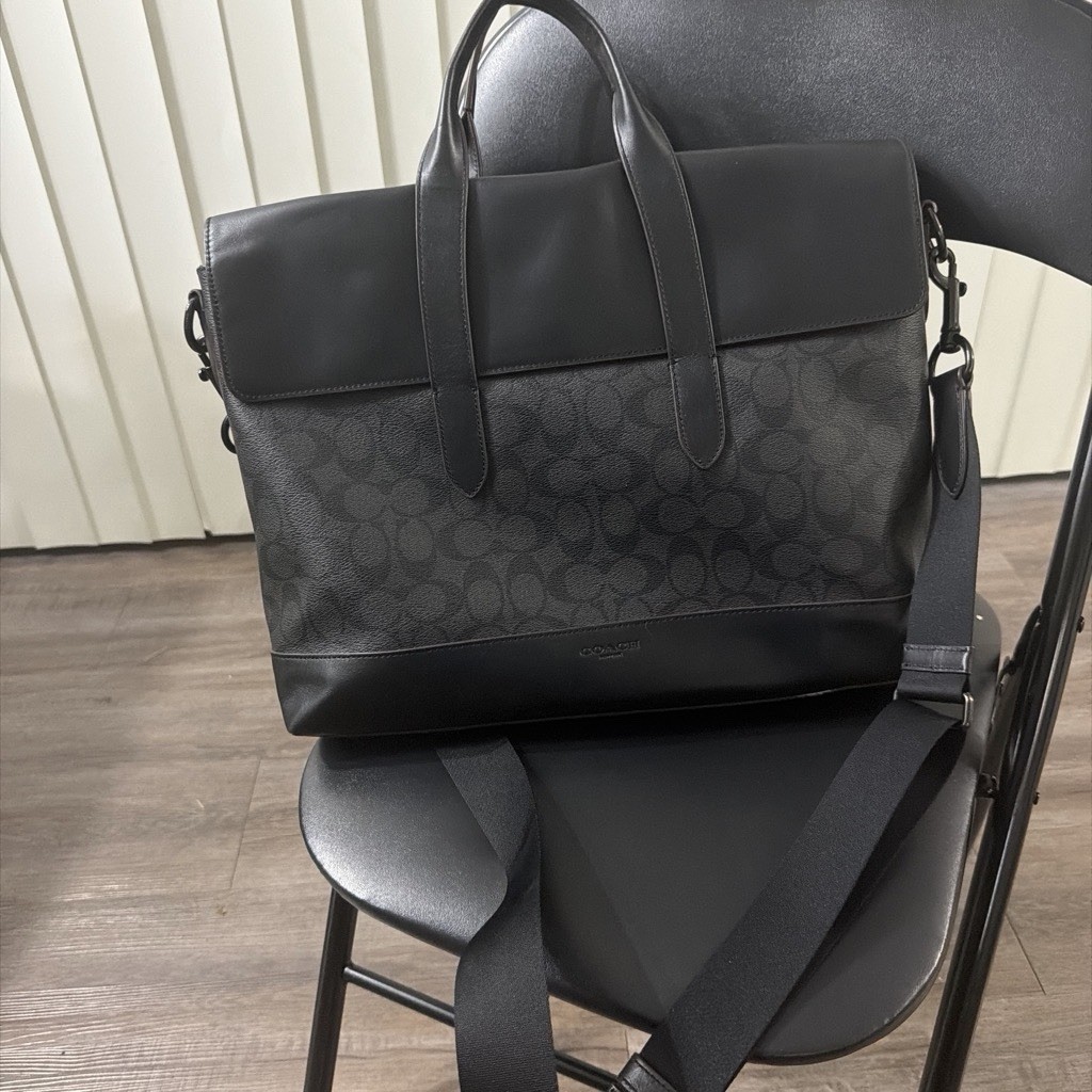 COACH Black Leather Logo Pattern Briefcase with Adjustable Strap