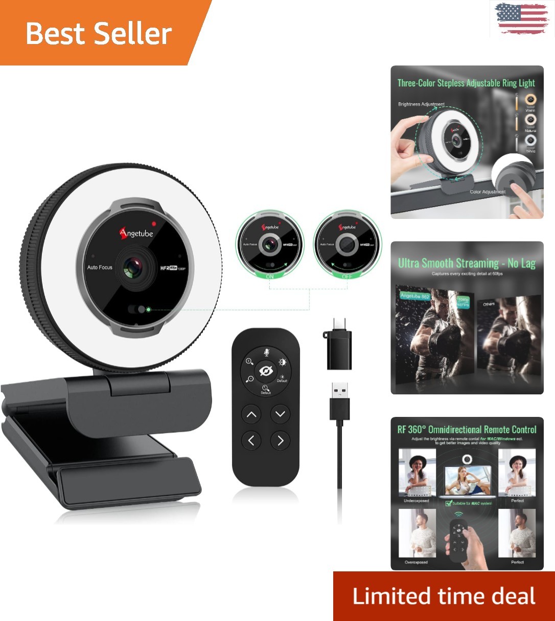 Full HD Webcam with Remote Control, 5X Digital Zoom & Auto Low-Light Correction