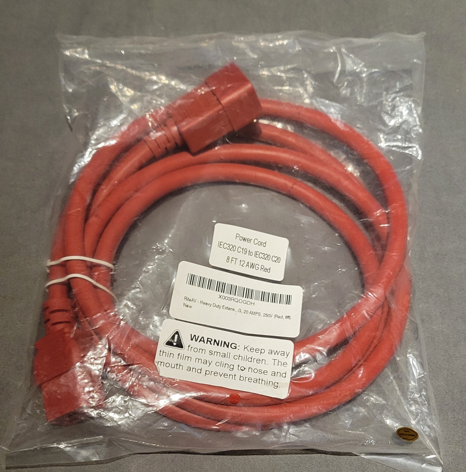 RiteAV Heavy Duty Extension Power Cord, C19-C20, 12AWG, 20 AMPS, 250V (Red, 8ft)