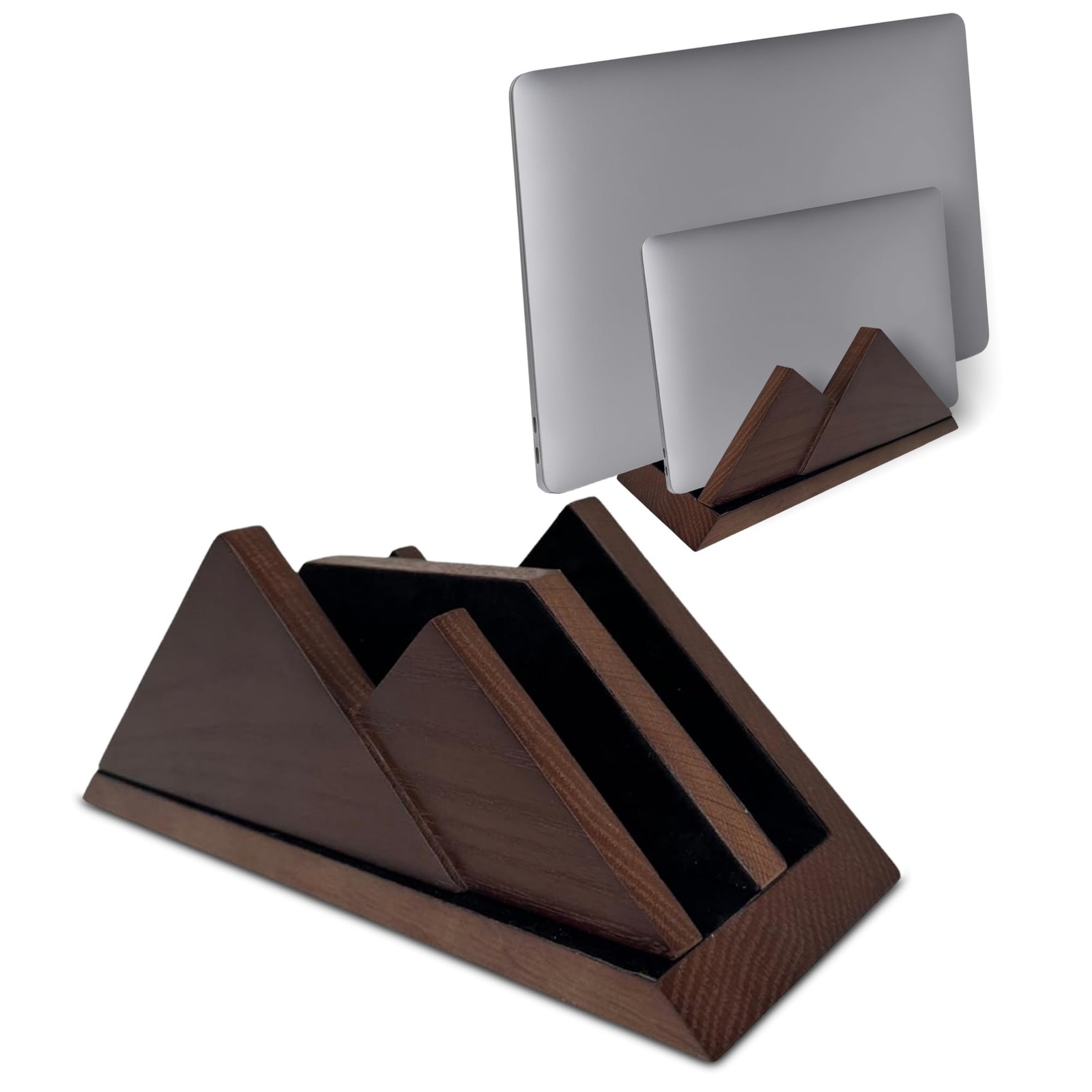 Dark Brown Wooden Dual Laptop Holder Vertical Stand 2 Slots Adjustable Desk