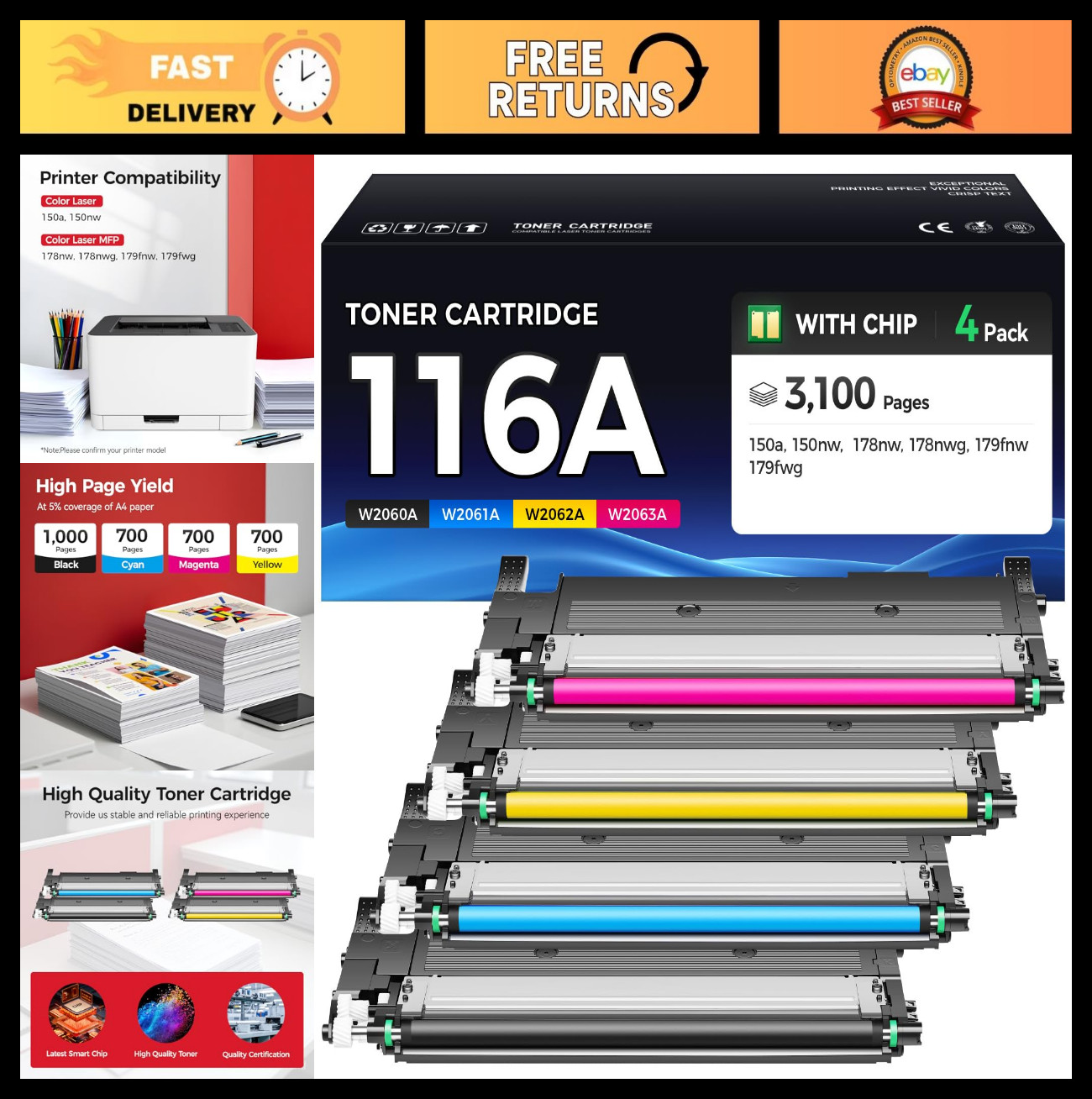 High Yield 116A Toner Cartridge Set 4-Pack - Black, Cyan, Yellow, Magenta - Comp