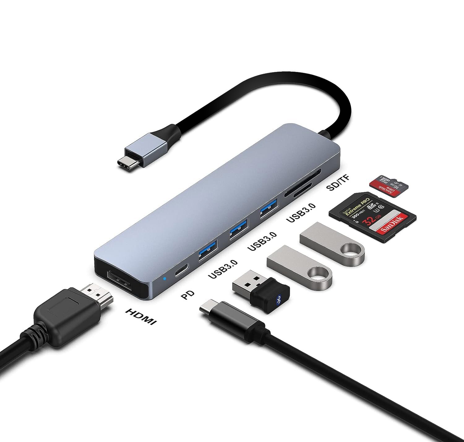 7-in-1 USB C Hub with 4K HDMI Adapter, SD/TF Card Reader, 3x USB 3.0 Ports & PD