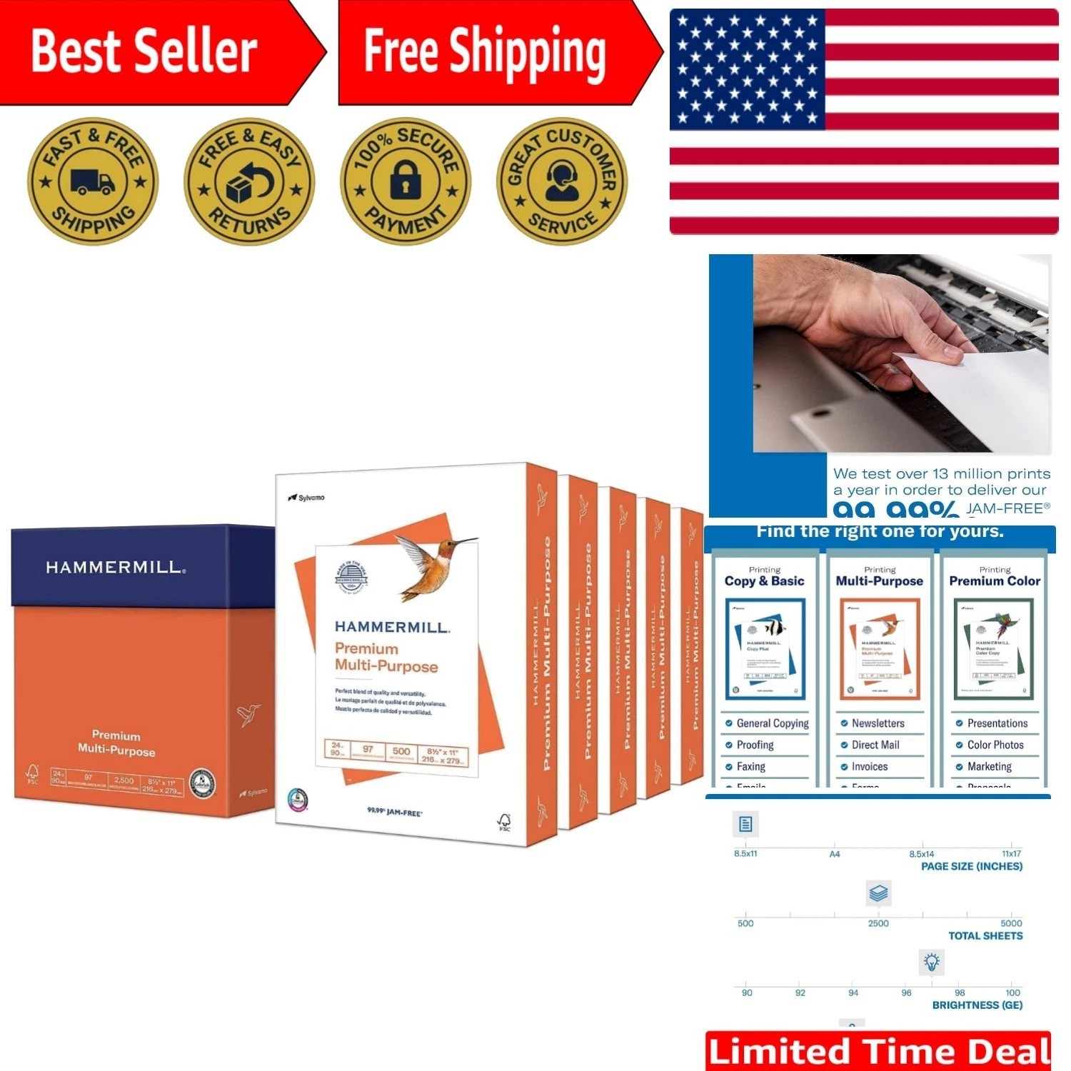 High-Quality 24 lb Multipurpose Copy Paper - 2500 Sheets, ColorLok Technology