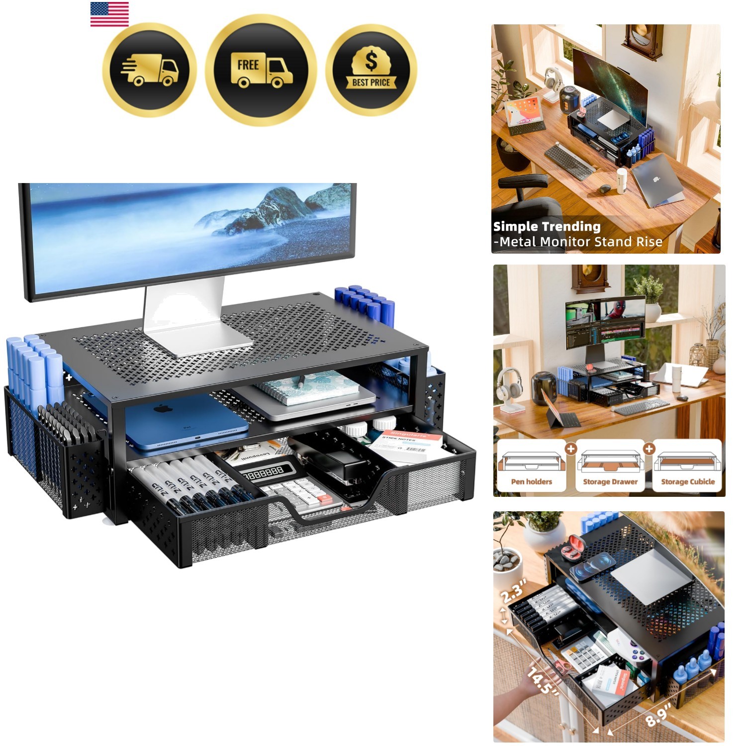 Monitor Stand Computer Desk Organizer Pen Holder Drawers Black 2 Tier Metal