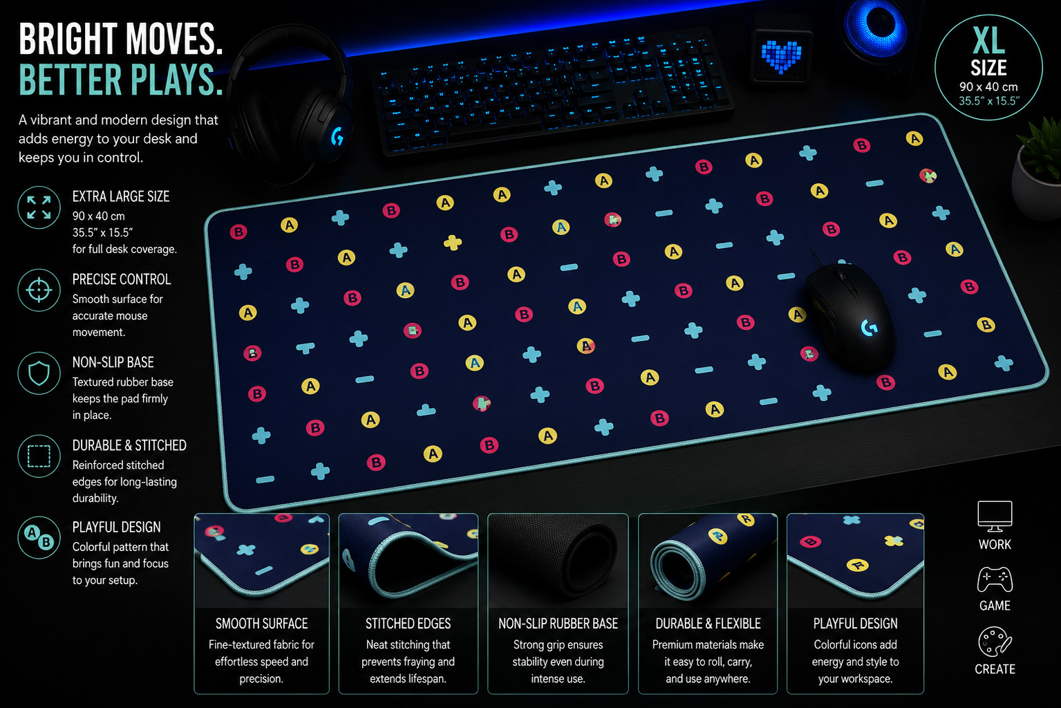 XL Gaming Mouse Pad Colorful Controller Pattern Desk Mat 35.5x15.5" Non-Slip