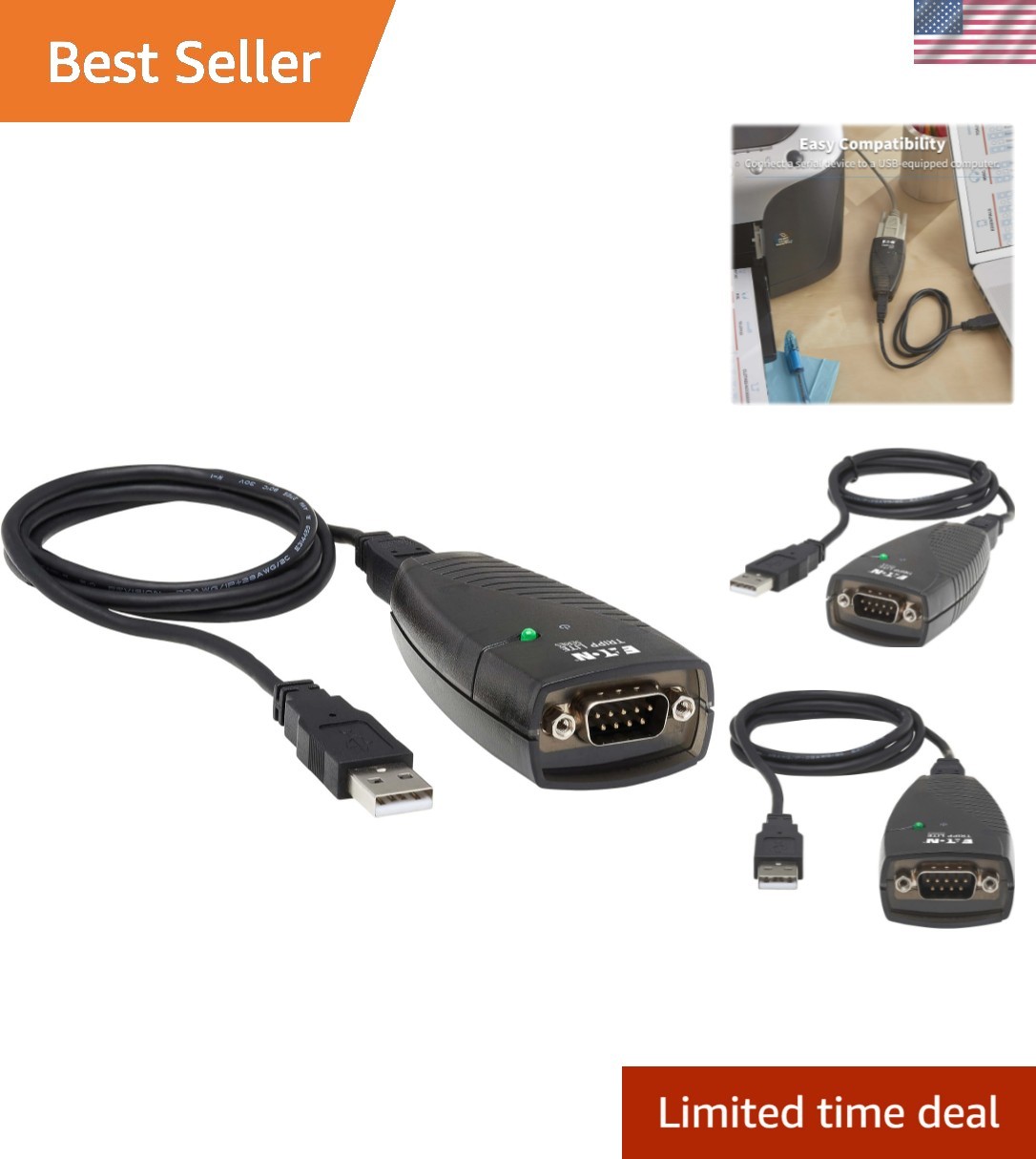 Plug and Play USB to Serial Adapter - 3 Foot DB9 RS232 Male Cable, Lightweight