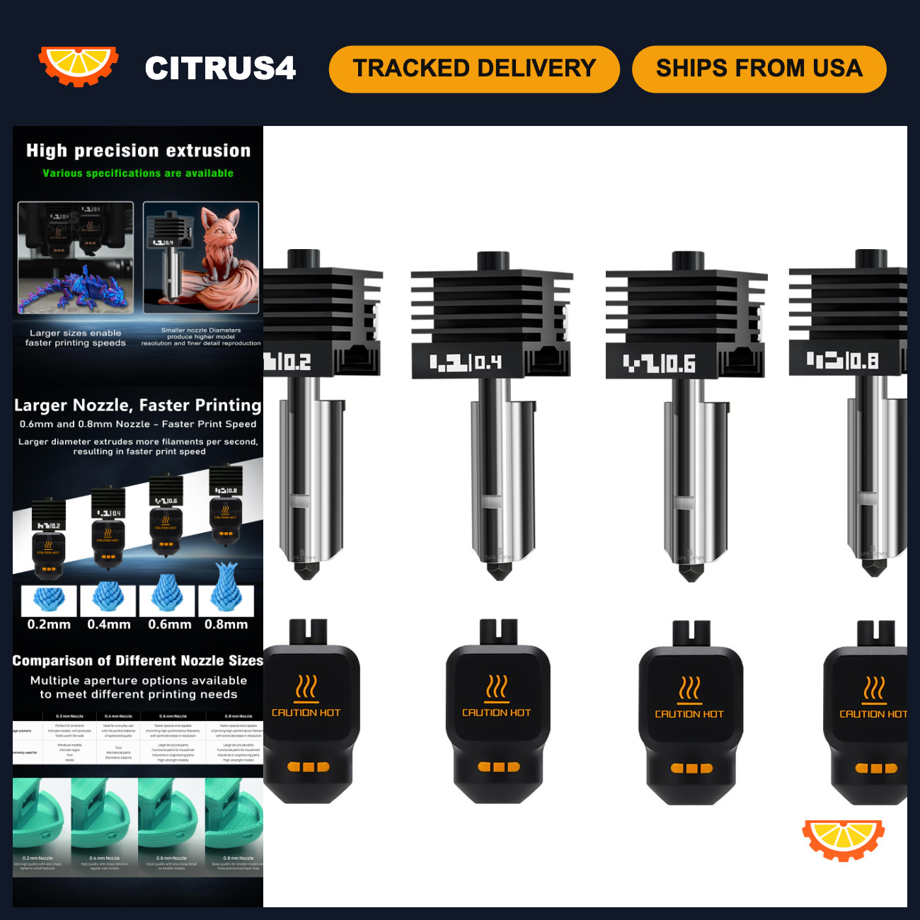 4Pack 0.2/0.4/0.6/0.8MM Hotend Nozzles for 3D Printers, High Temp Quick Swap Har