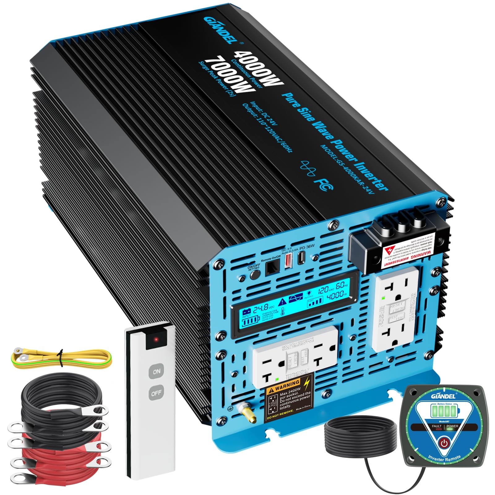 GIANDEL 4000 Watt 24 V Pure Sine Wave Power Inverter 7000Watt Surge,UL458 Lis...