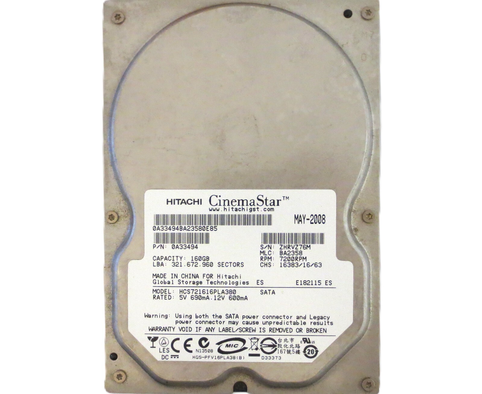 Hitachi HCS721616PLA380 0A33494 BA2358 (ZHRV) China 3.5" 160gb Sata HDD MAY/2008