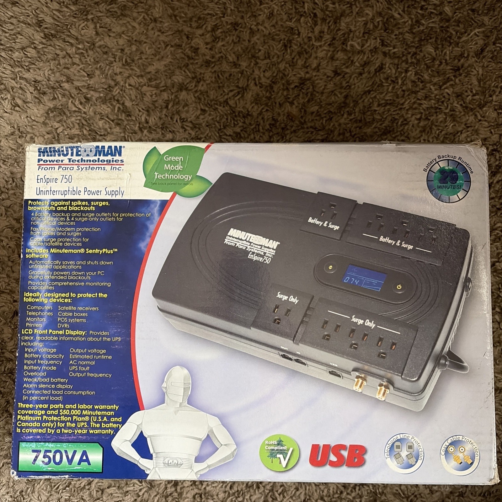 Minuteman EN750 EnSpire Eight (8) Outlet Standby UPS, 750VA/400W Load Capacity
