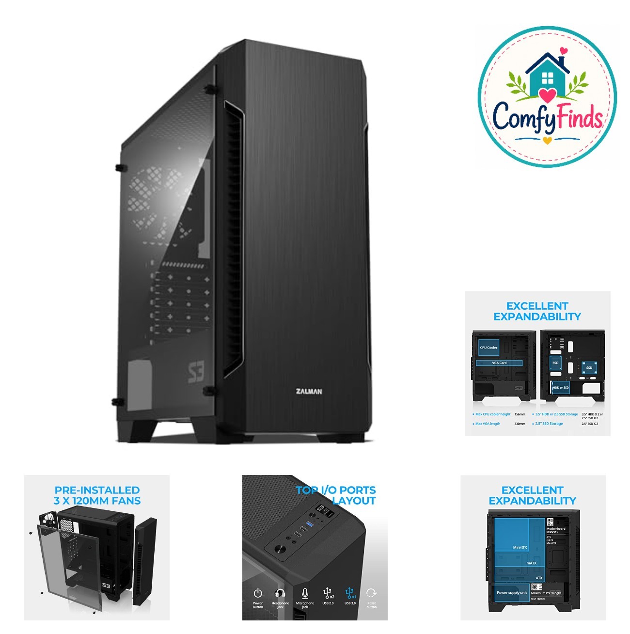 ATX Mid Tower PC Computer Case Acrylic Side Panel 3x 120mm Fans USB 3.0 Dust