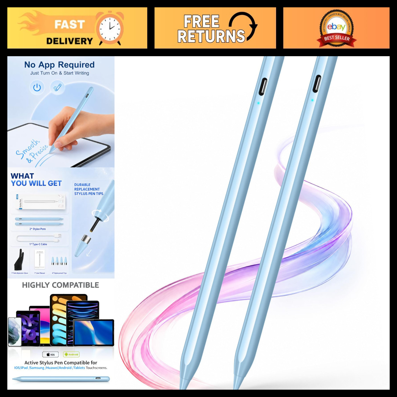 2-Pack Active Stylus Pens for Touch Screens - Compatible with iOS & Android, Blu
