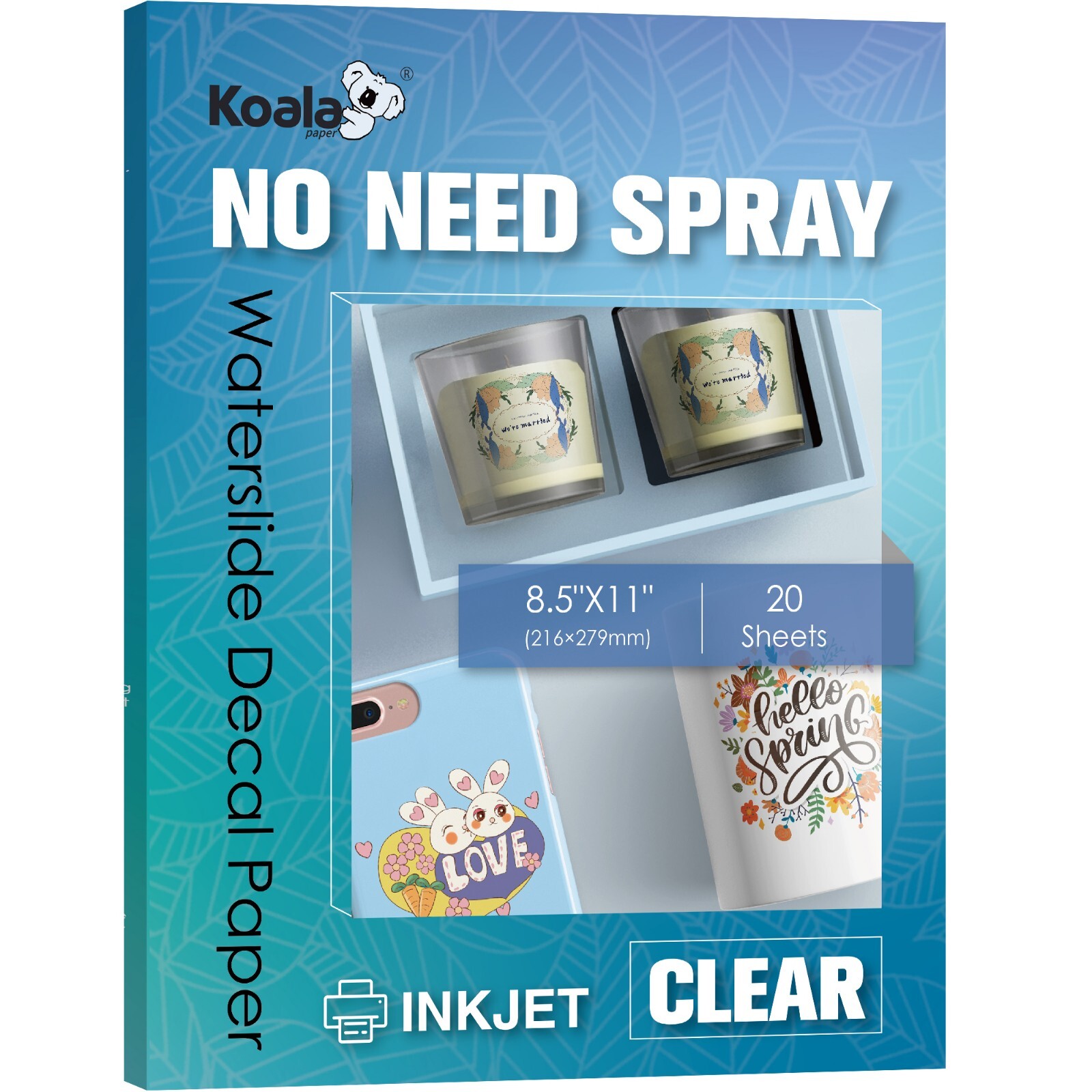 Koala NO NEED SPRAY CLEAR Waterslide Decal Paper for INKJET Printer 20 Pk 8.5x11