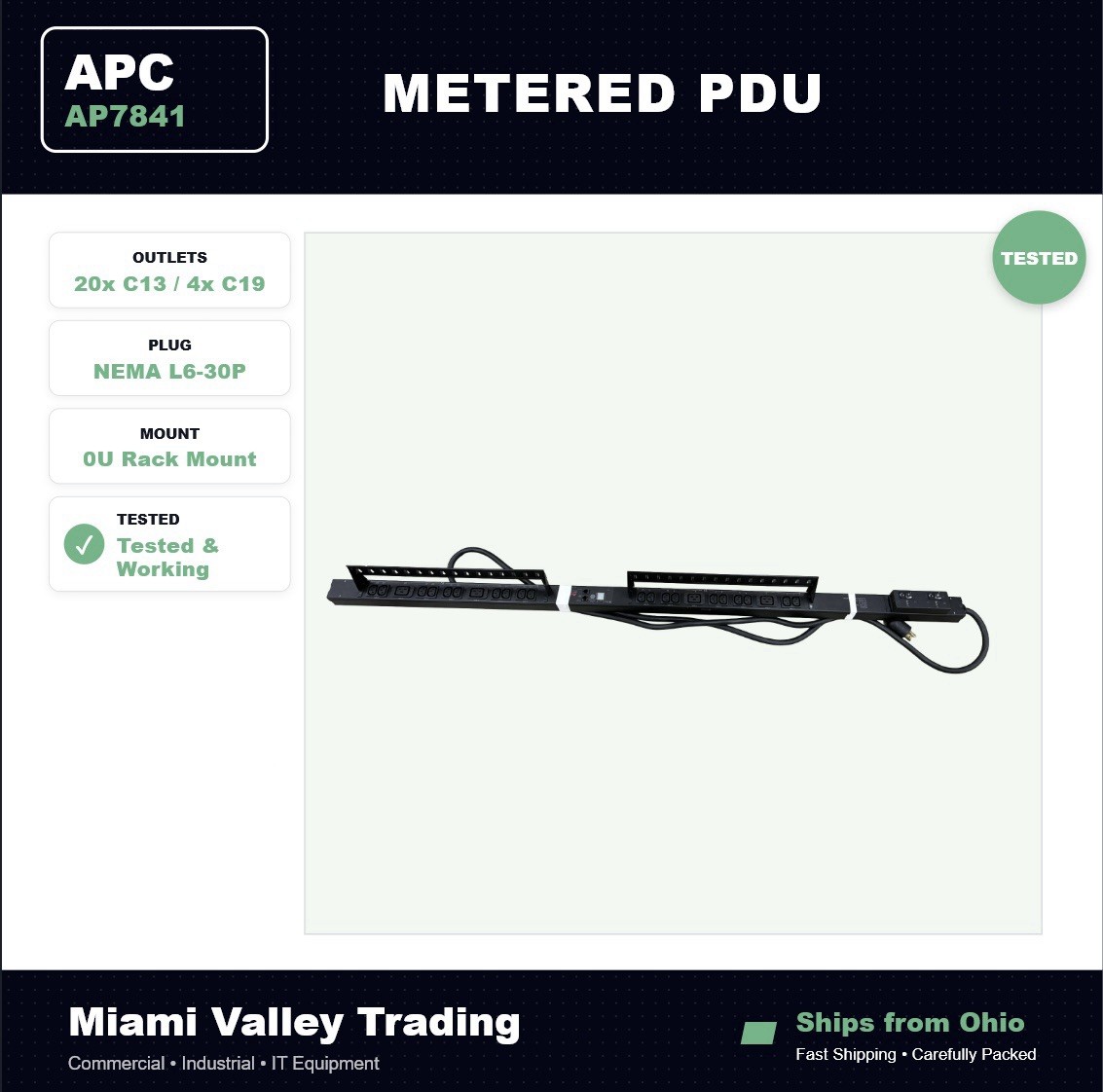 APC AP7841 Metered Rack PDU 24 Outlet 200/208V 30A L6-30P Tested + Cord Holders