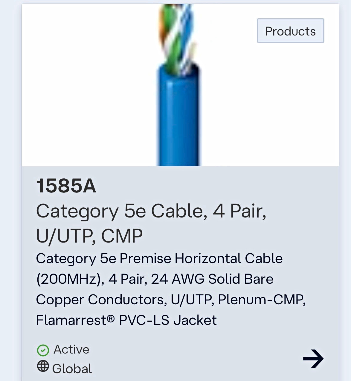 Belden 1585A Cat5e CMP Plenum 4PR 24 AWG 250 ft Gray Bulk Cable