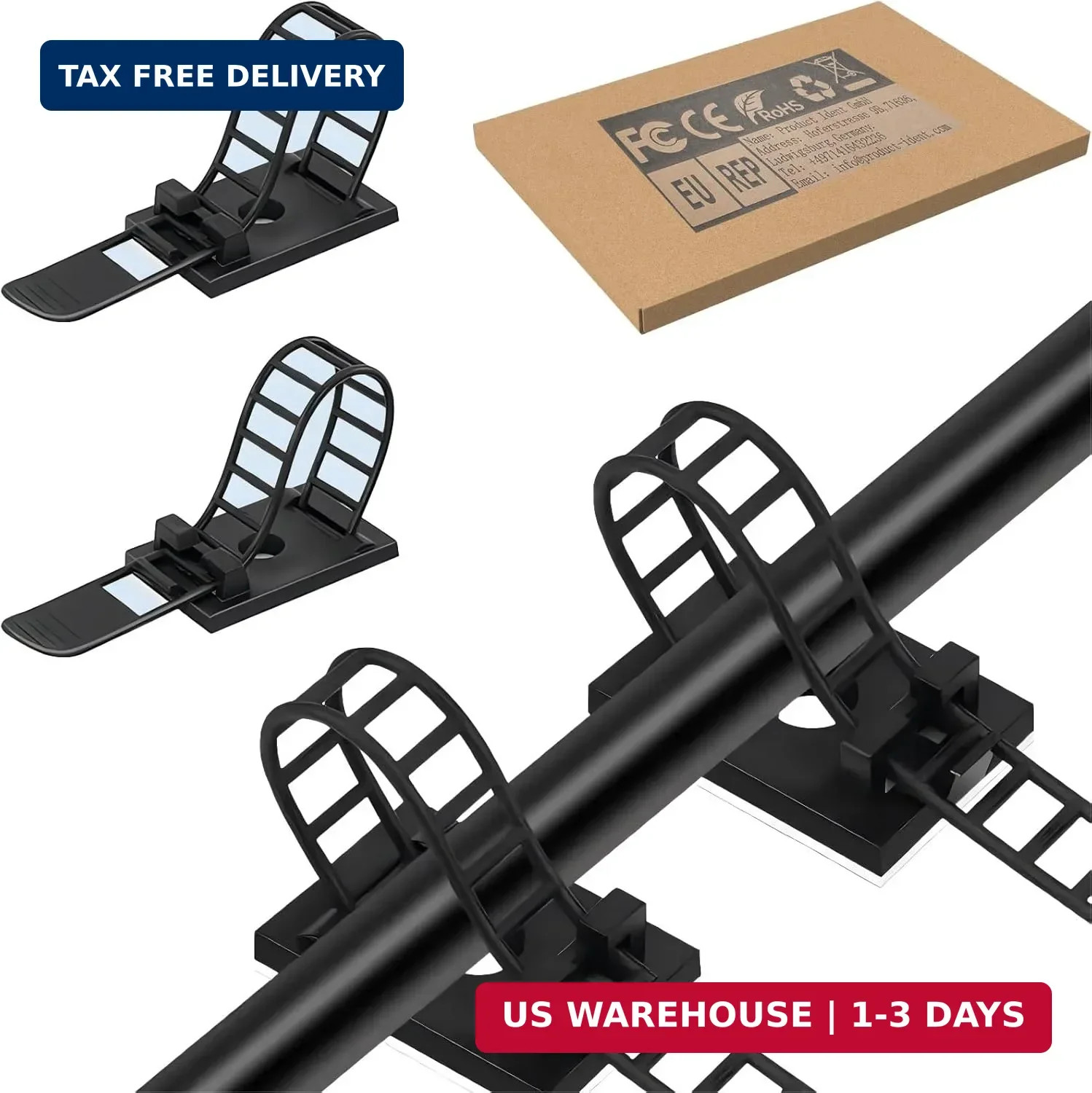 Adjustable Adhesive Cable Management Clips for Desk, Black, 50 Pcs | Large self