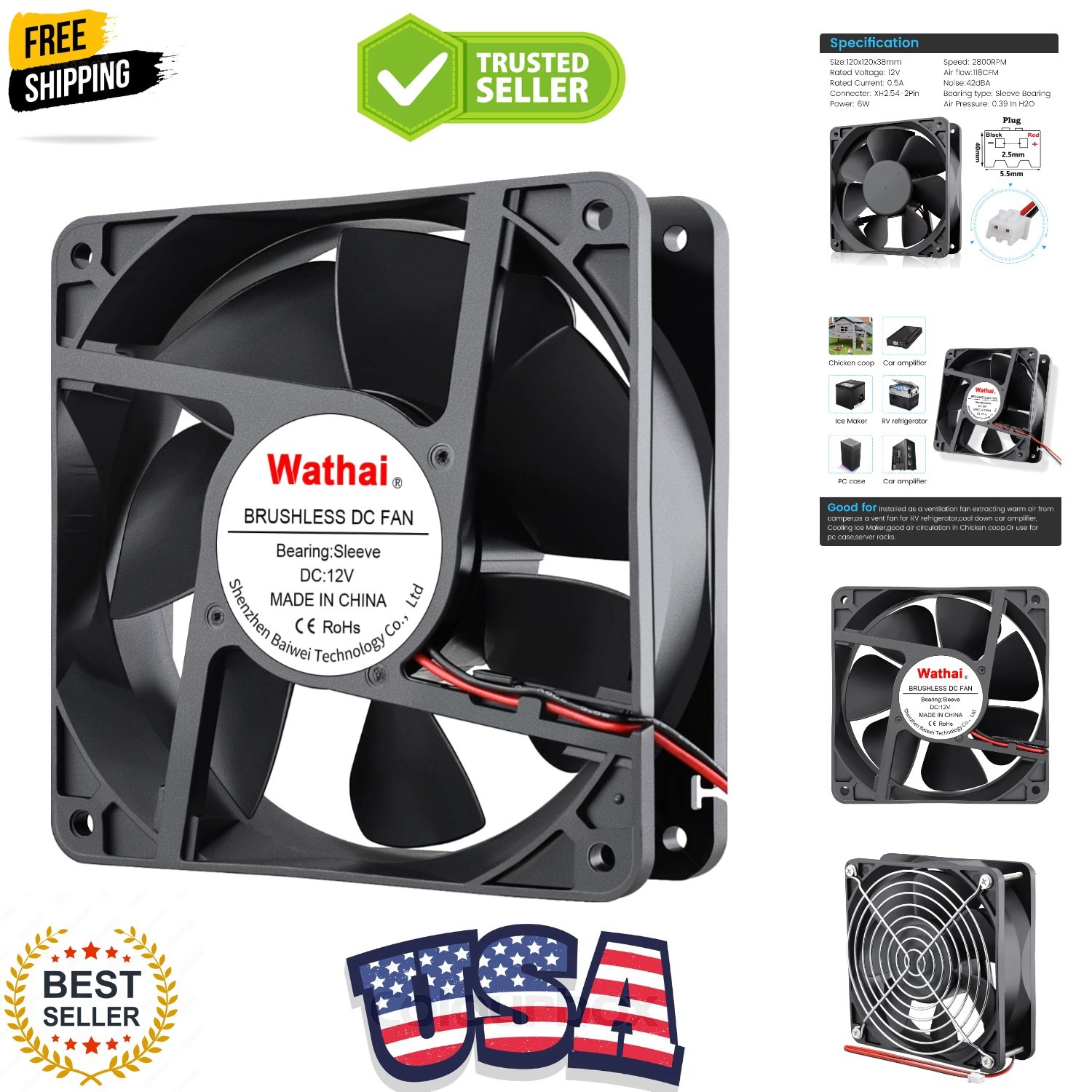 2Pin 120mm x 38mm Brushless Cooling Case Fan 12V 2pin DC High Airflow Cooler Fan