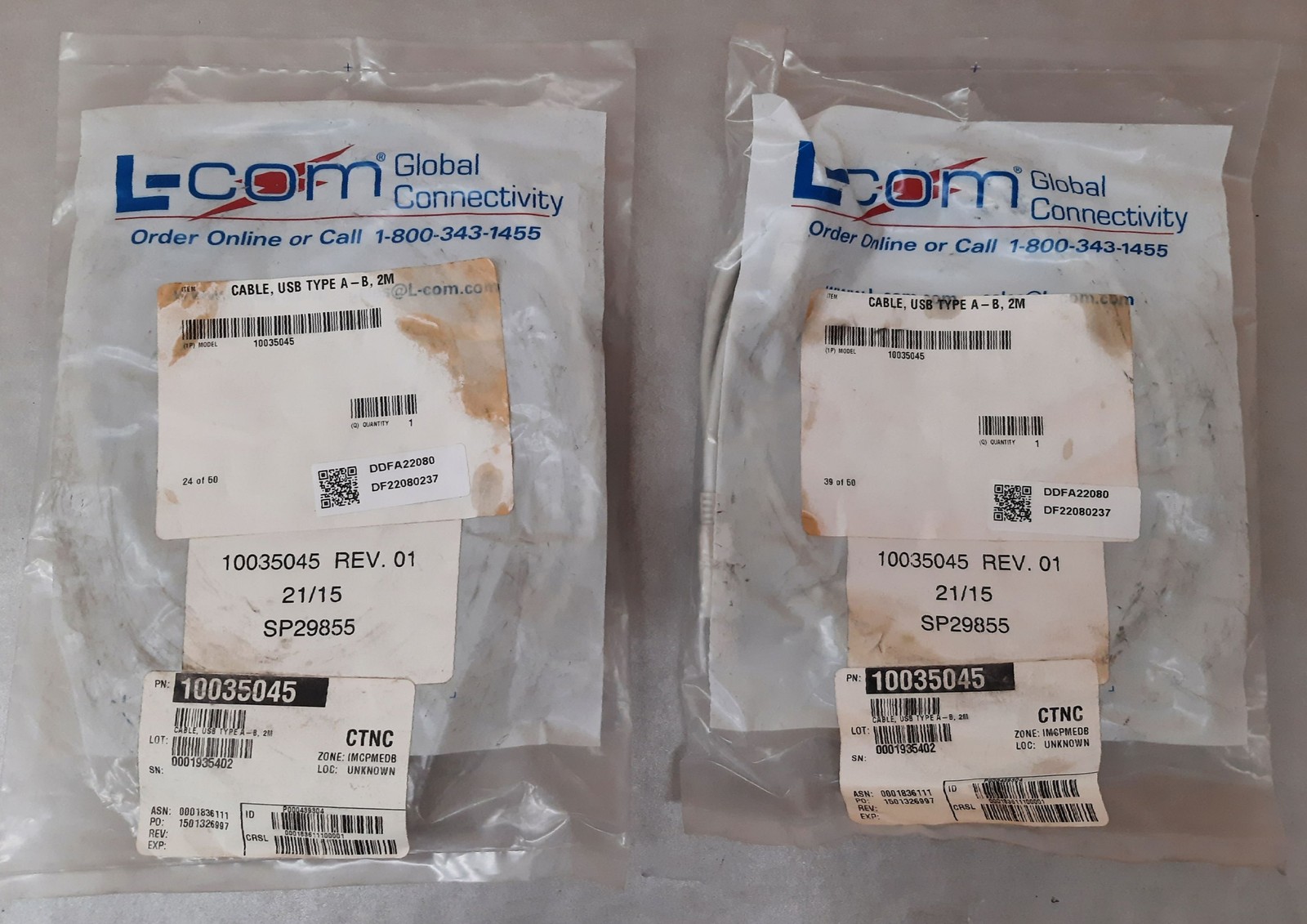 Lot of 2 L-Com USB Type A - B Cable 2 Meters P/N 10035045