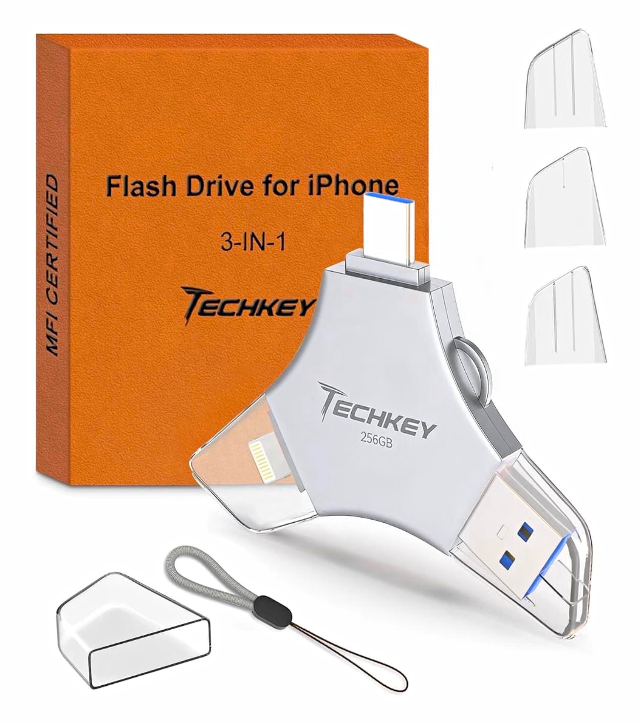 TECHKEY 256GB 3-in-1 iPhone Flash Drive USB 3.0 Lightning MFi Encryption