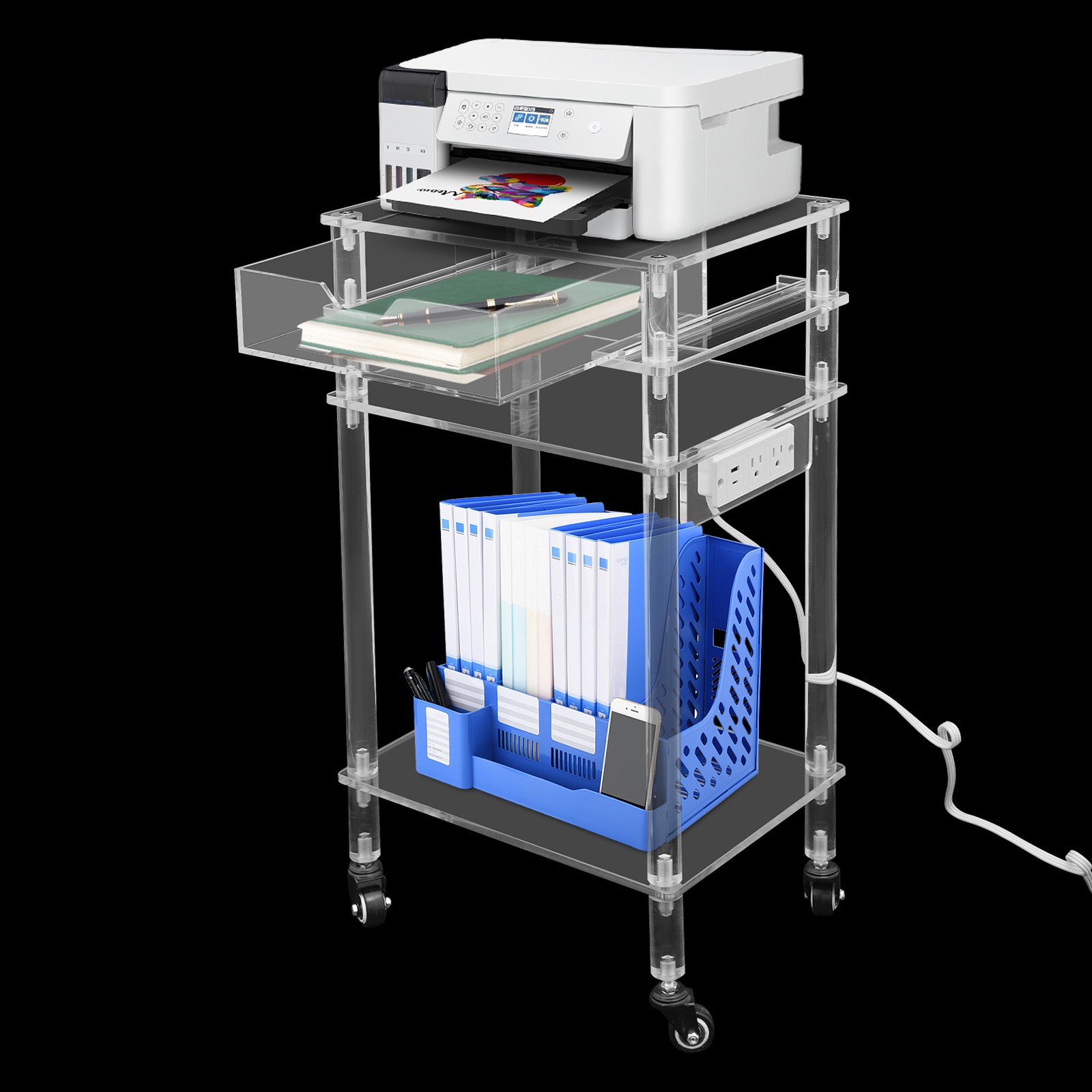 3-tier Acrylic Printer Stand, Printer Stand with a Drawer & Wheels 44.09lbs Load