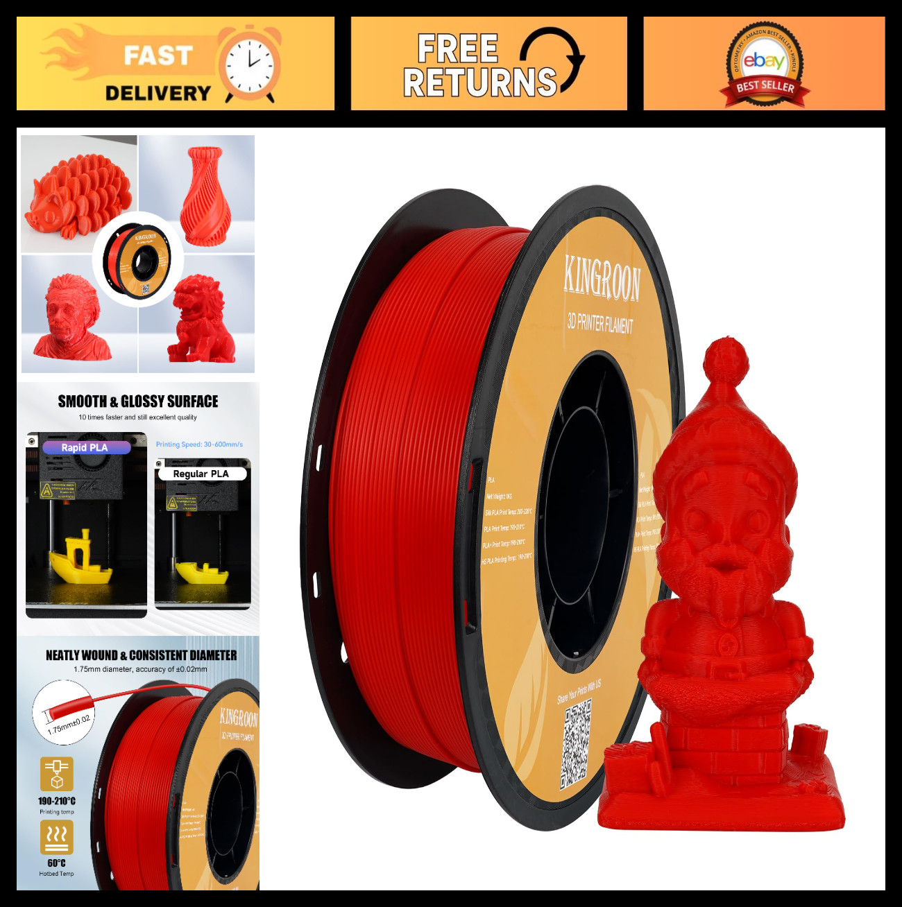 High-Speed 1.75mm PLA 3D Printer Filament - Rapid Hyper Printing, 1kg Red Spool