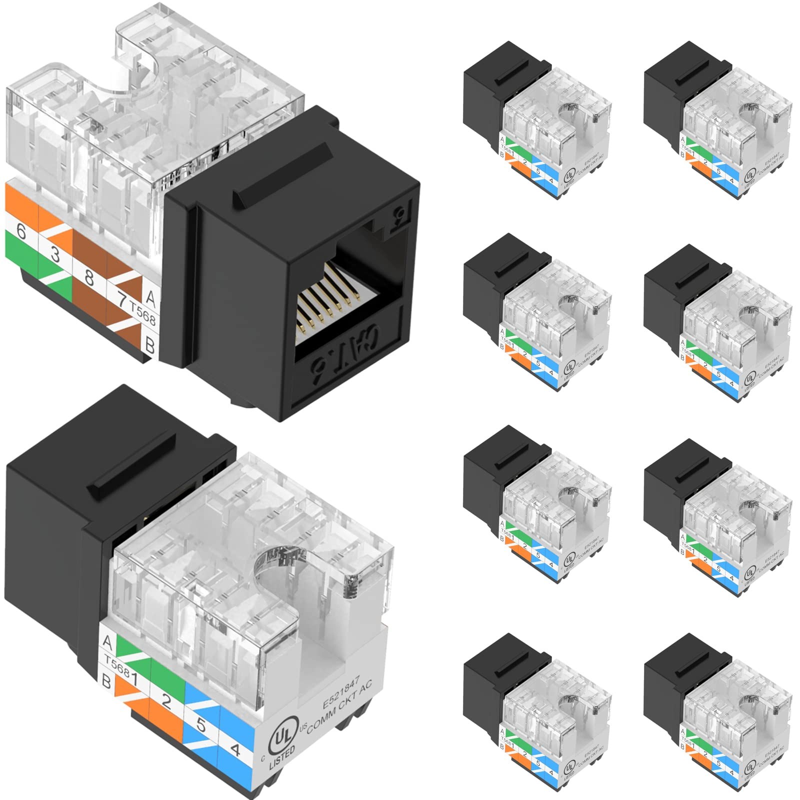 10 PCS Cat6 RJ45 Keystone Jack ULListed Slim Profile Ethernet Punch Down