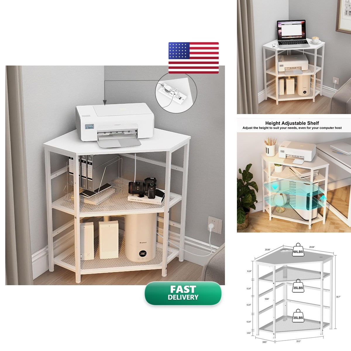 VEDECASA Corner Printer Stand Table Power Outlet USB Port for Computer Tower