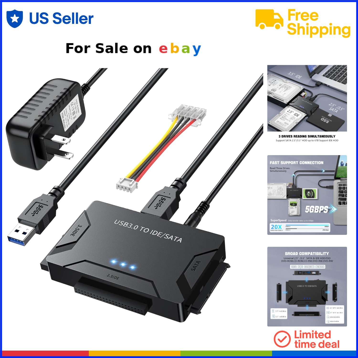 Hard Drive Reader USB 3.0 SATA IDE Adapter Multi-Device Data Recovery Kit