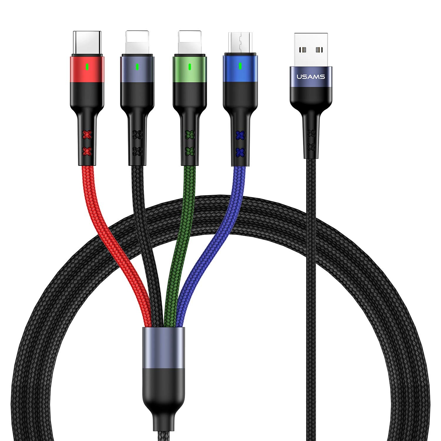 USAMS Multi Charging Cable 2Pack 4FT 4 in 1 Nylon Braided 4ft, Multicolored 