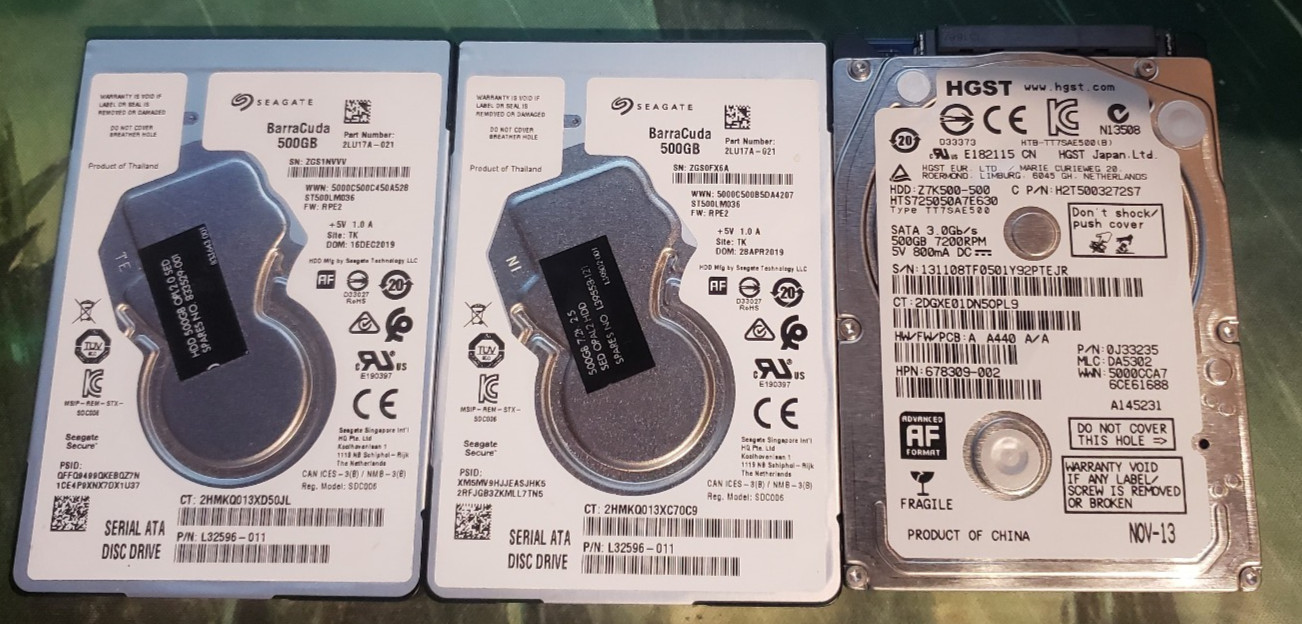 LOT OF 3 2.5" LAPTOP HARD DISK DRIVE 500GB SEGATE BARRACUDA HGST ST500LM036 7200