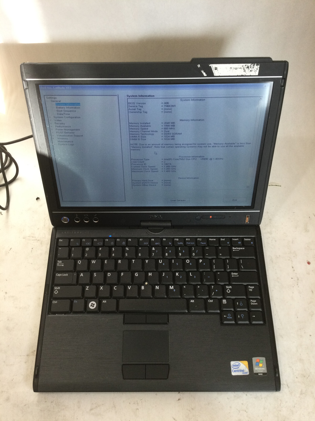 DELL LATITUDE XT2 - BOOTS TO BIOS - INTEL CORE 2 DUO - 2GB RAM - READ DESCRIP-BB