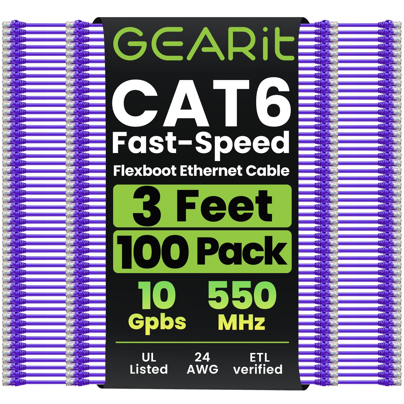 GEARit Cat6 Ethernet Patch Cable 3ft Purple 100-Pack Cat 6 Patch Cords