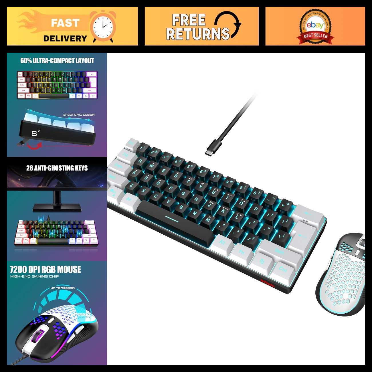60% RGB Gaming Keyboard & Mouse Combo, Compact 61-Key Mini Keyboard, 7200 DPI Op