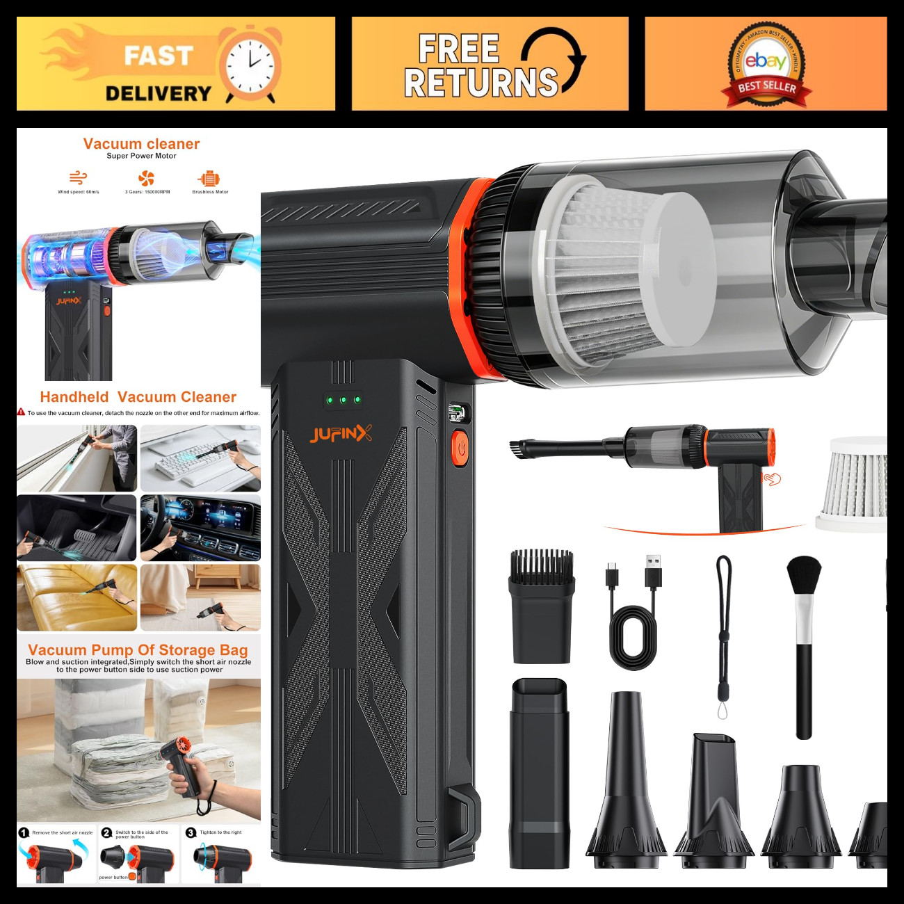 3-in-1 Compressed Air Duster & Small Vacuum Cleaner, 150000RPM, for Electronics