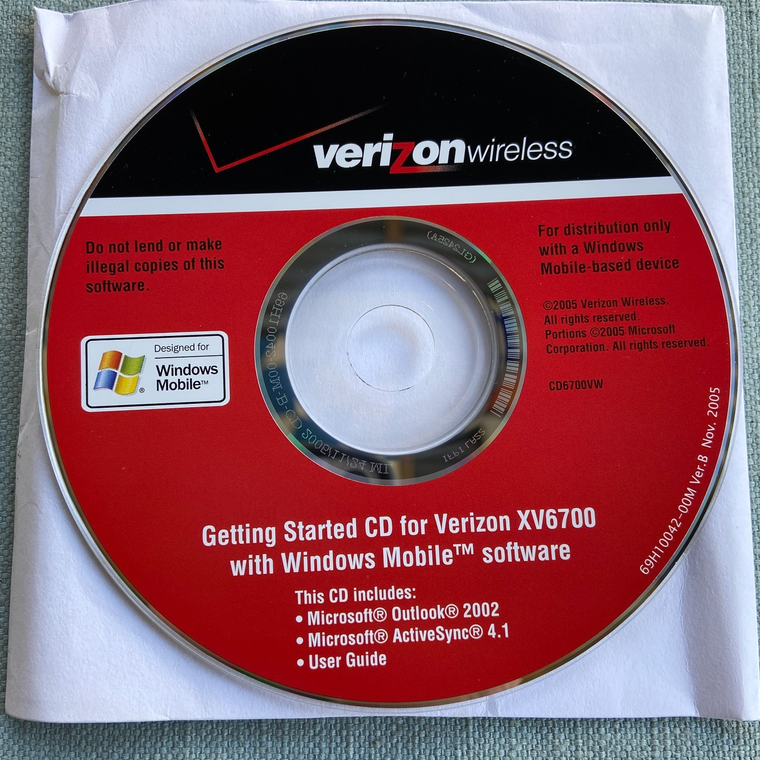 Windows Mobile Software 5.0 Verizon Wireless CD XV6700 Outlook ActiveSync 2005