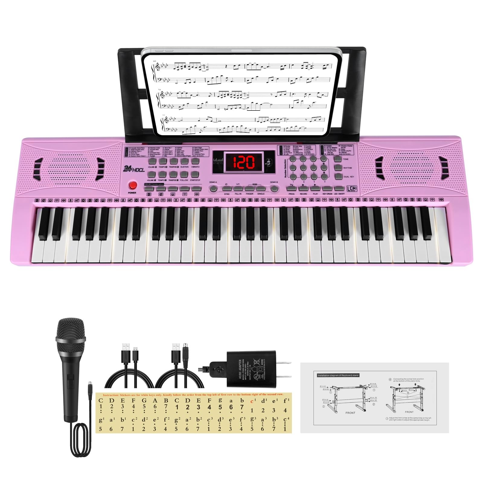 61-Key Pink Electric Digital Piano Keyboard for Kids with Speaker & Microphone