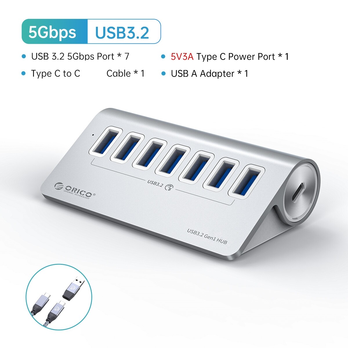 ORICO USB 3.2 Hub Aluminum 10Gbps 7Port USB Splitter for iMac MacBooks Mac