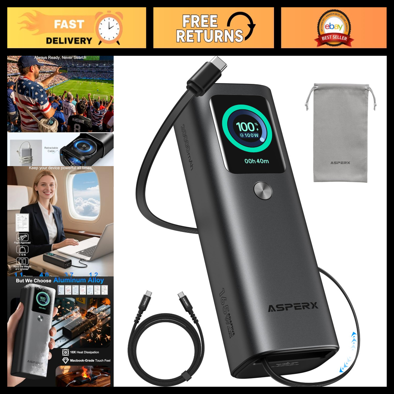 High-Capacity 165W Laptop Power Bank, 20,000mAh, Retractable Cable, Aluminum Des