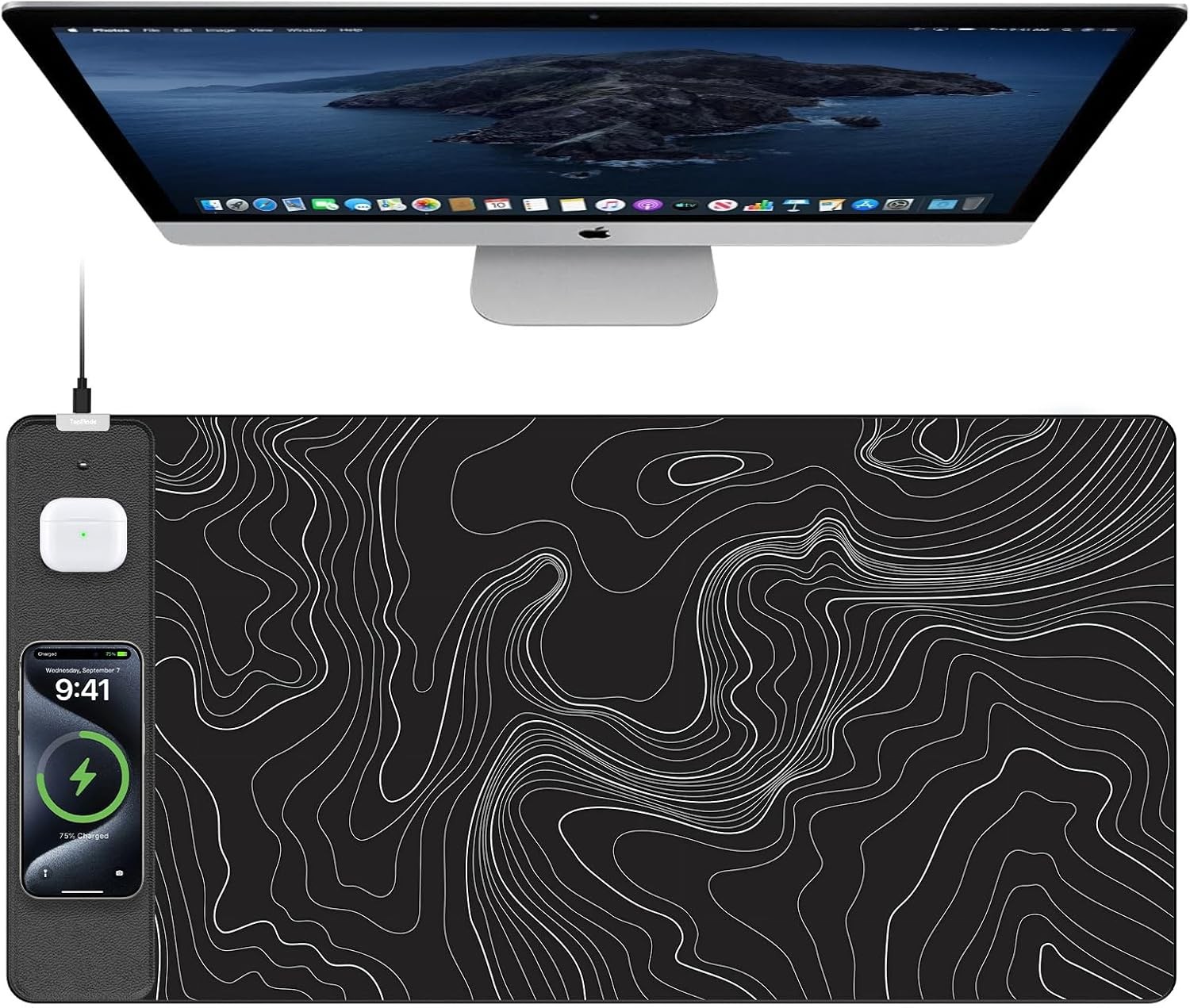 Mouse Pad with Wireless Charging, Large Desk Mat, Black Topographic Map #2