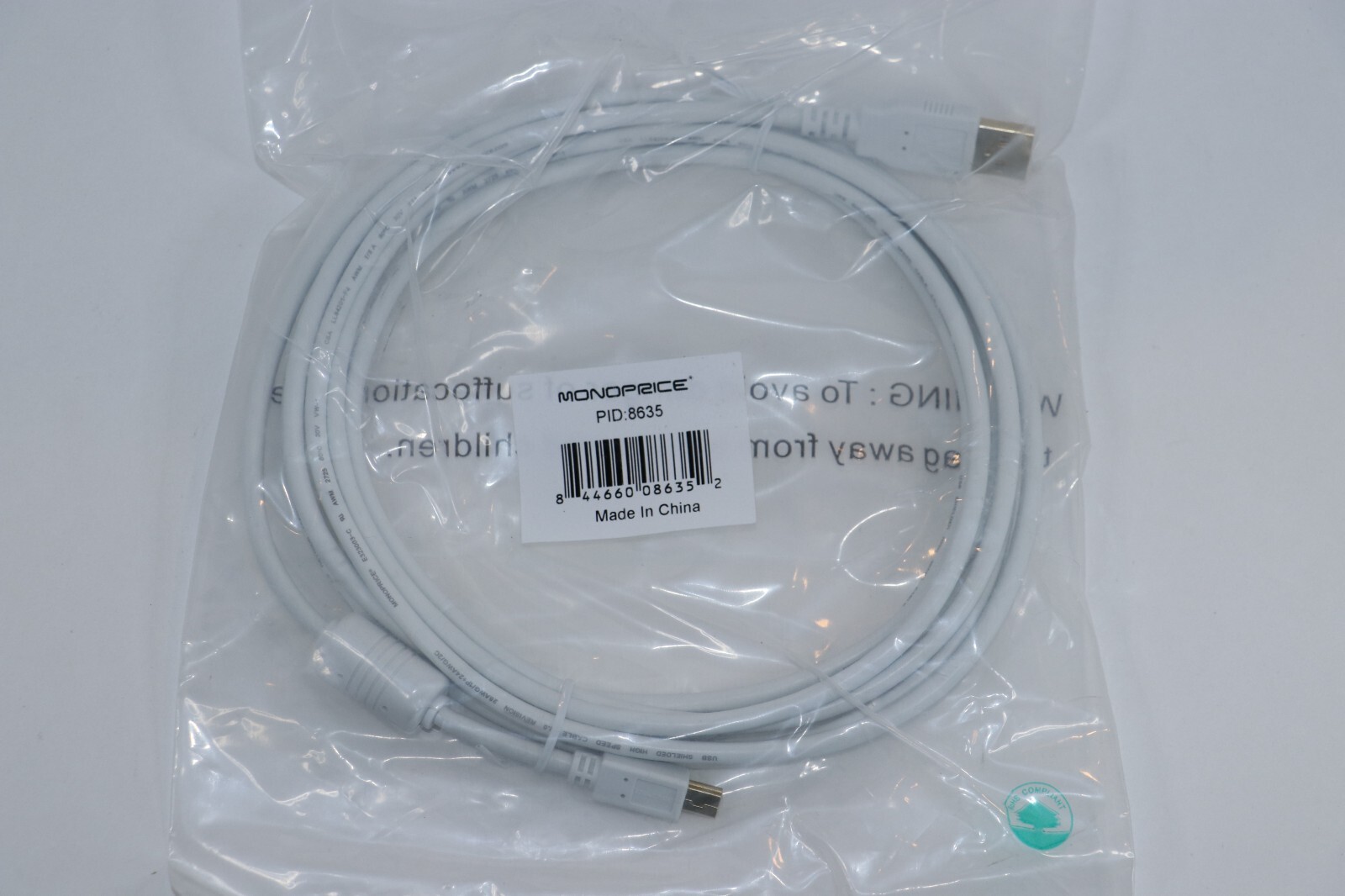 Monoprice USB-A to Mini-B 2.0 Cable - 5-Pin 28/24AWG Gold Plated White 10ft 8635