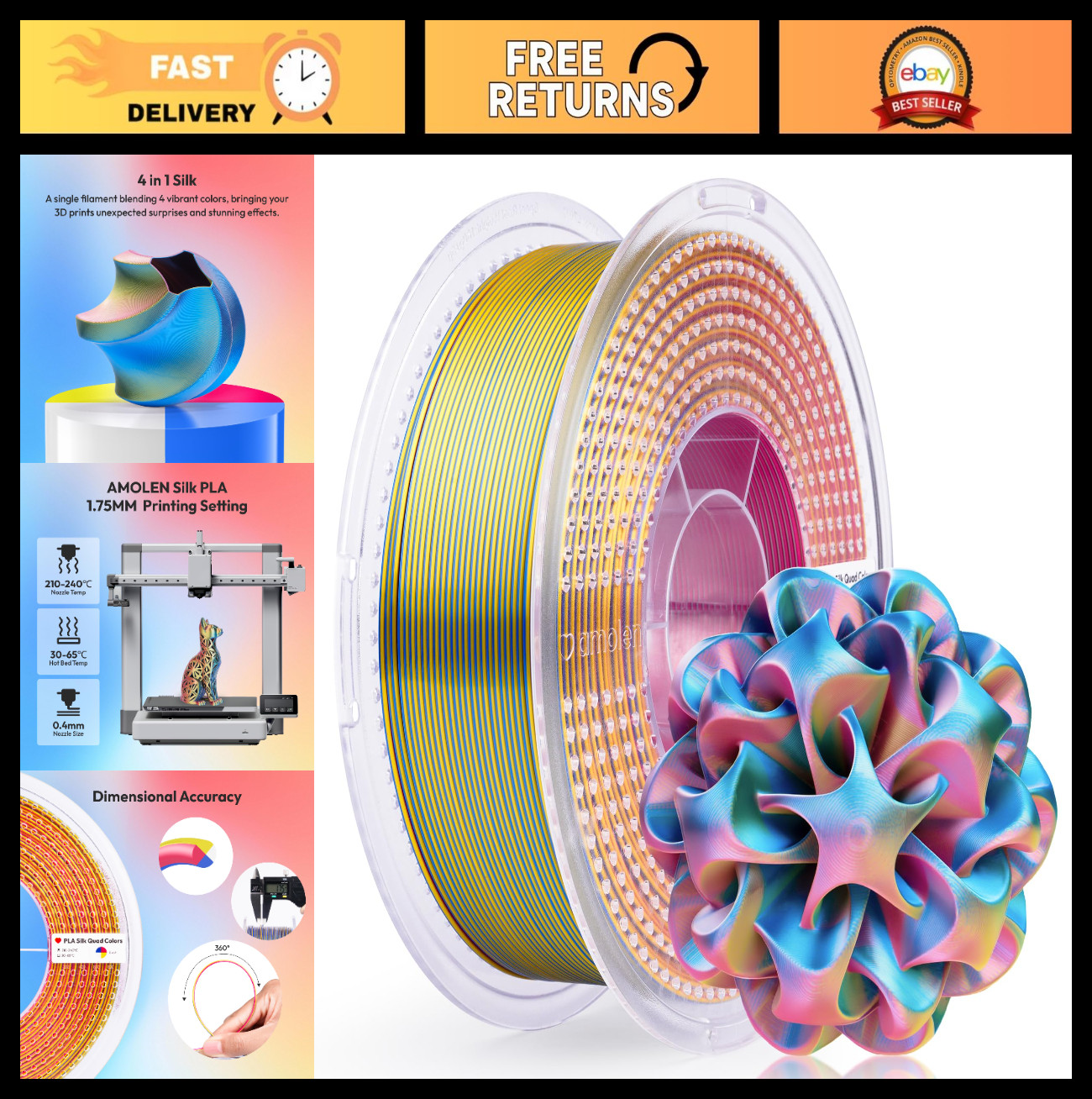Silk PLA 3D Printer Filament Bundle - 4 Colors, 1.75mm, 1kg Multi-Color Pack