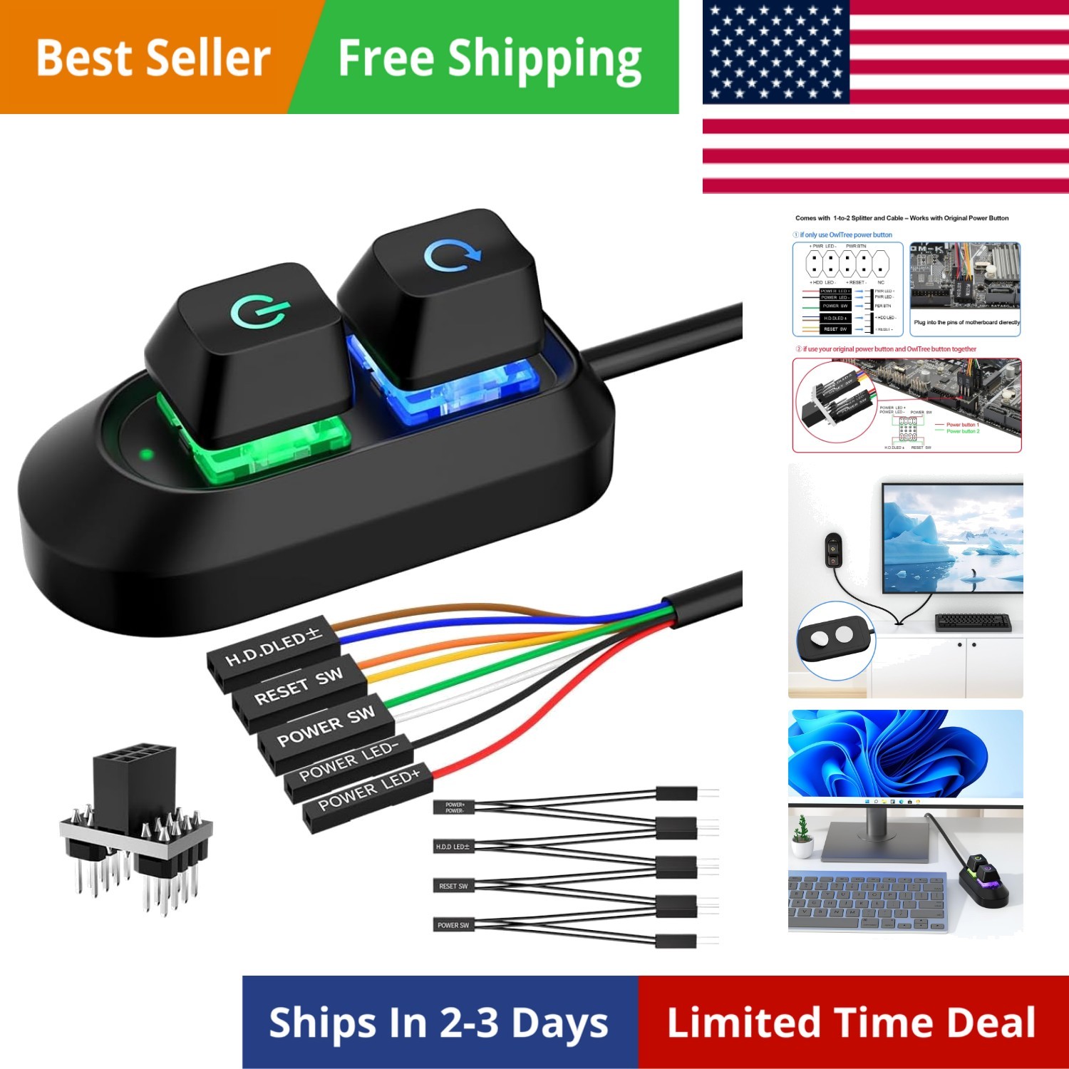 PC Power Button, Desktop Switch Splitter ON Off Reset SW HDD LED PC External ...