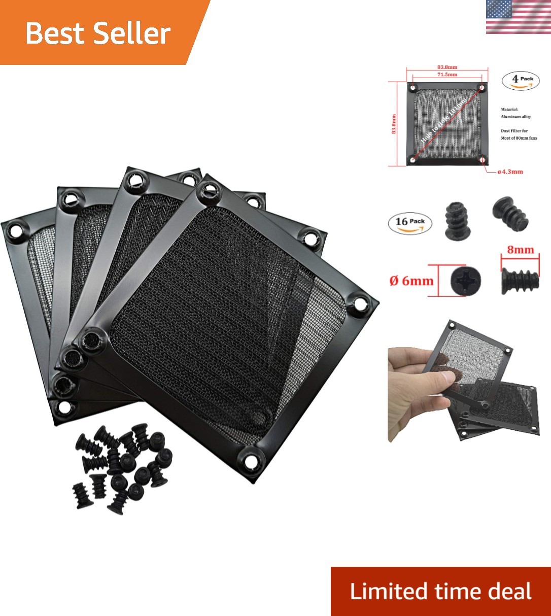 Compact 80mm Computer Fan Grills - Black Aluminum Filters for Easy Installation