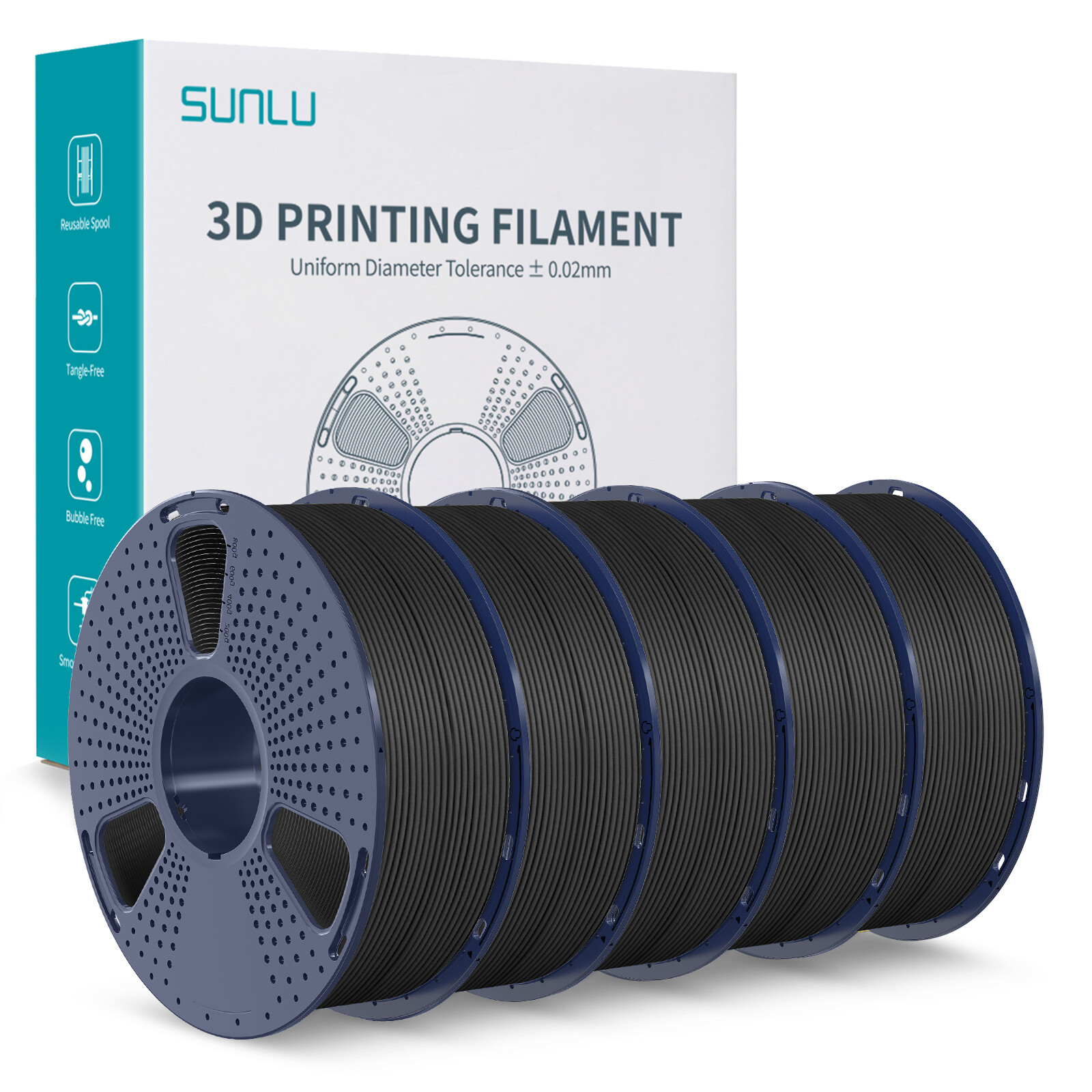 5*1KG SUNLU Matte PLA 3D Printer Filament 1.75mm Neatly Wound Matte Finish Black